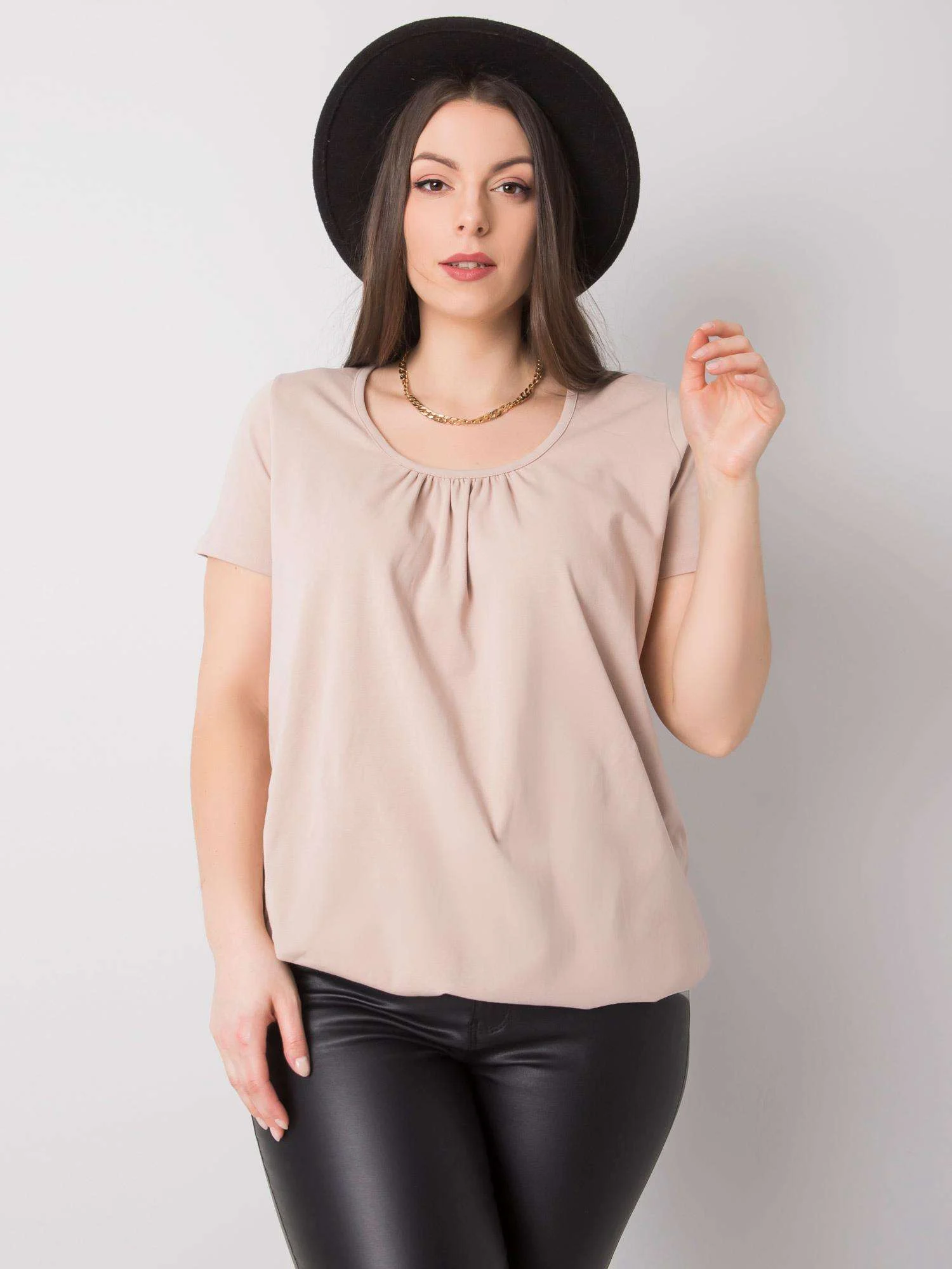 Tricou Dama Mini, Decolteu rotund, BASIC FEEL GOOD, Bej Eleganta Office Marimi Mari - imagine 4
