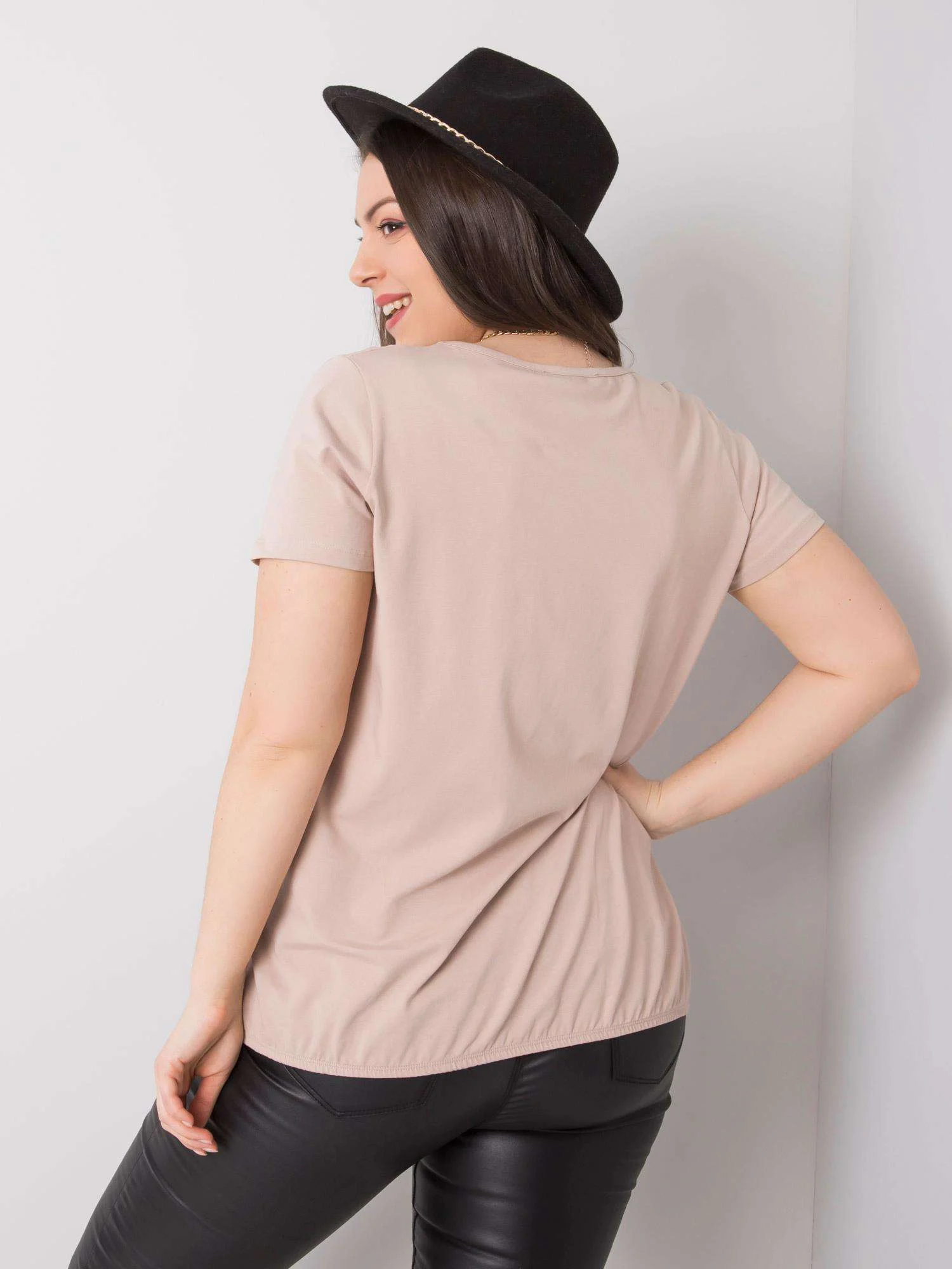 Tricou Dama Mini, Decolteu rotund, BASIC FEEL GOOD, Bej Eleganta Office Marimi Mari - imagine 3