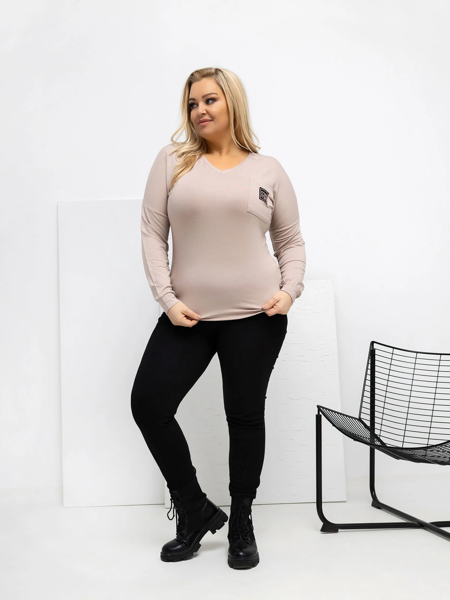 Bluza Dama Maneca lunga, Decolteu in V, RELEVANCE, Bej - imagine 2