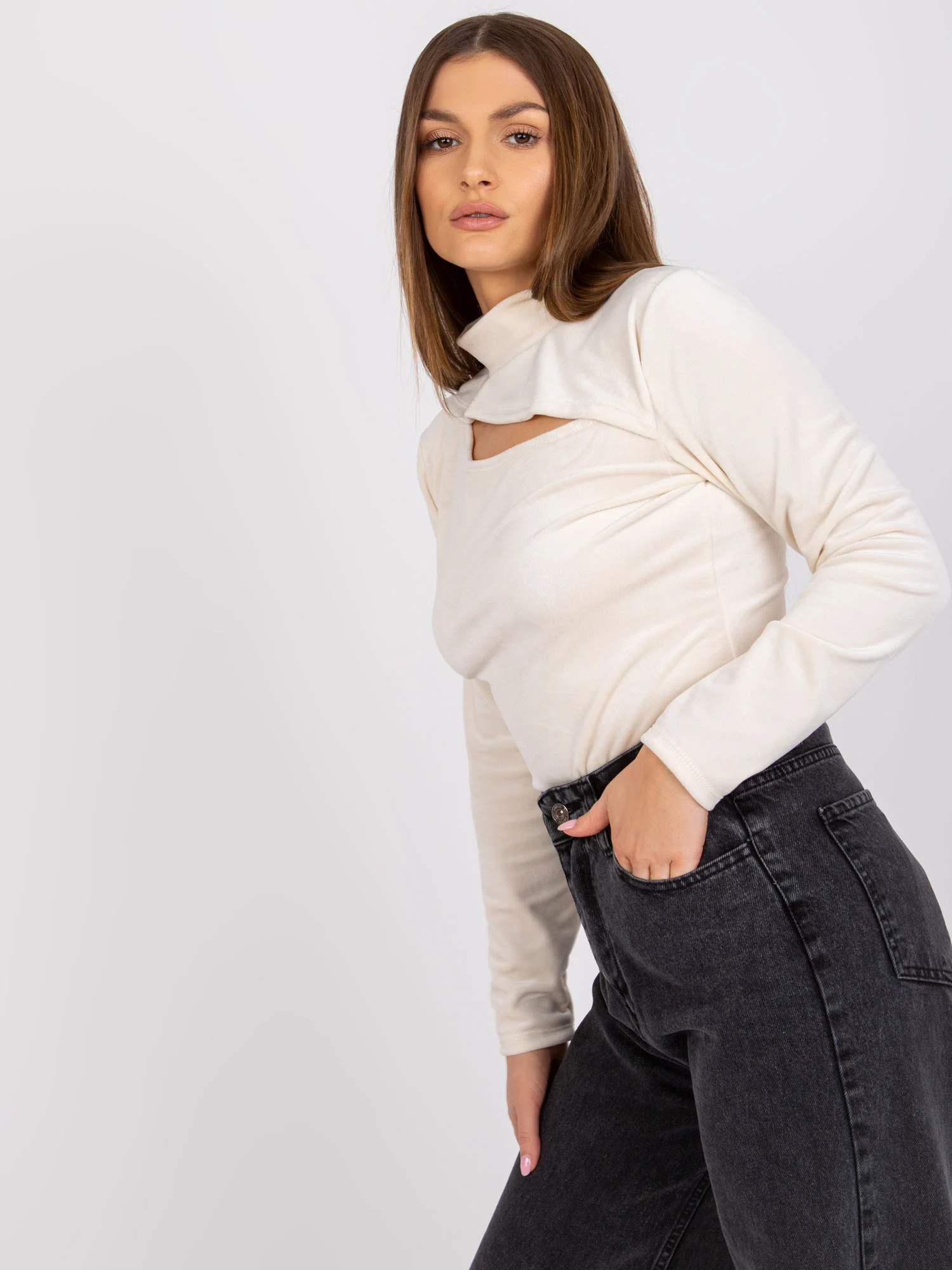 Bluza Dama Maneca lunga, Decolteu guler tunica, ITALY MODA, Bej Eleganta Office - imagine 2
