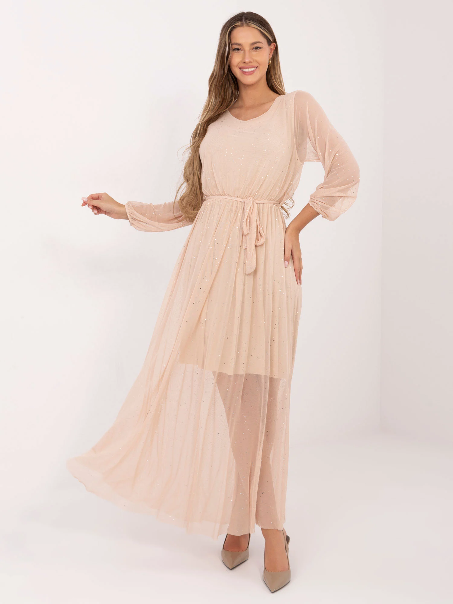 Rochie Dama Maxi, Lejera, ITALY MODA, Bej Eleganta - imagine 3