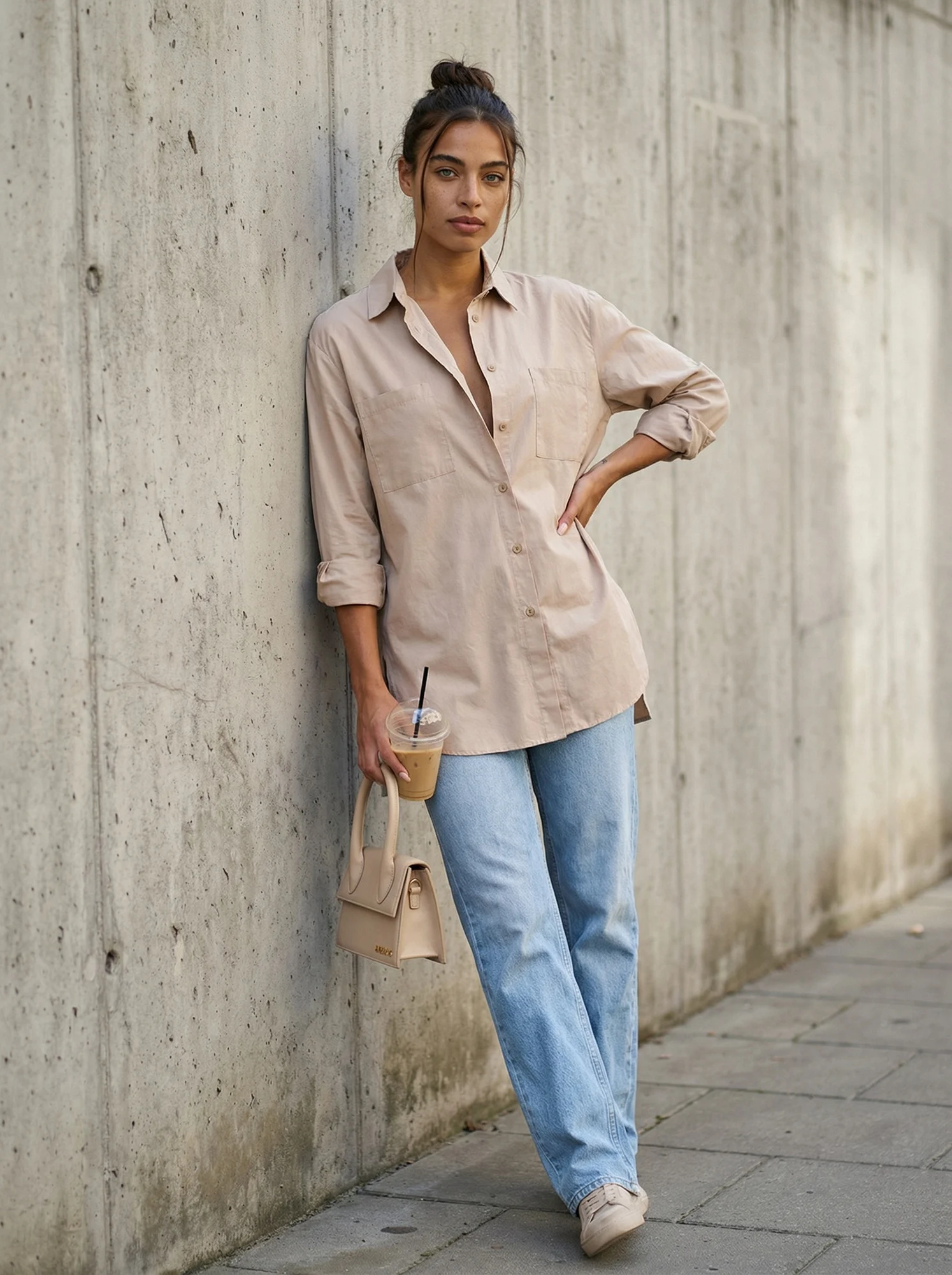 Camasa Dama Guler inalt, Bumbac, ex moda, Bej Eleganta Office - imagine 7