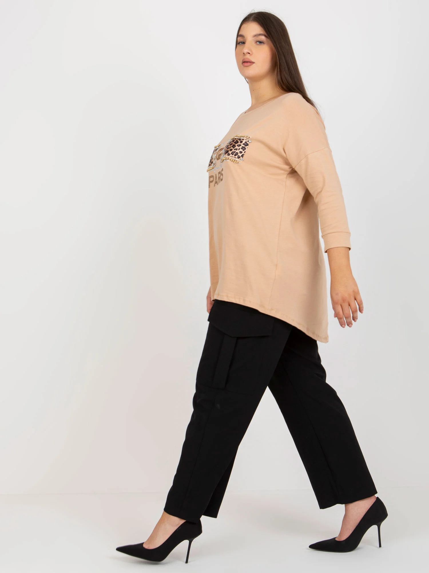 Bluza Dama Maneca 3/4, Decolteu rotund, VITON, Bej Eleganta Office - imagine 3