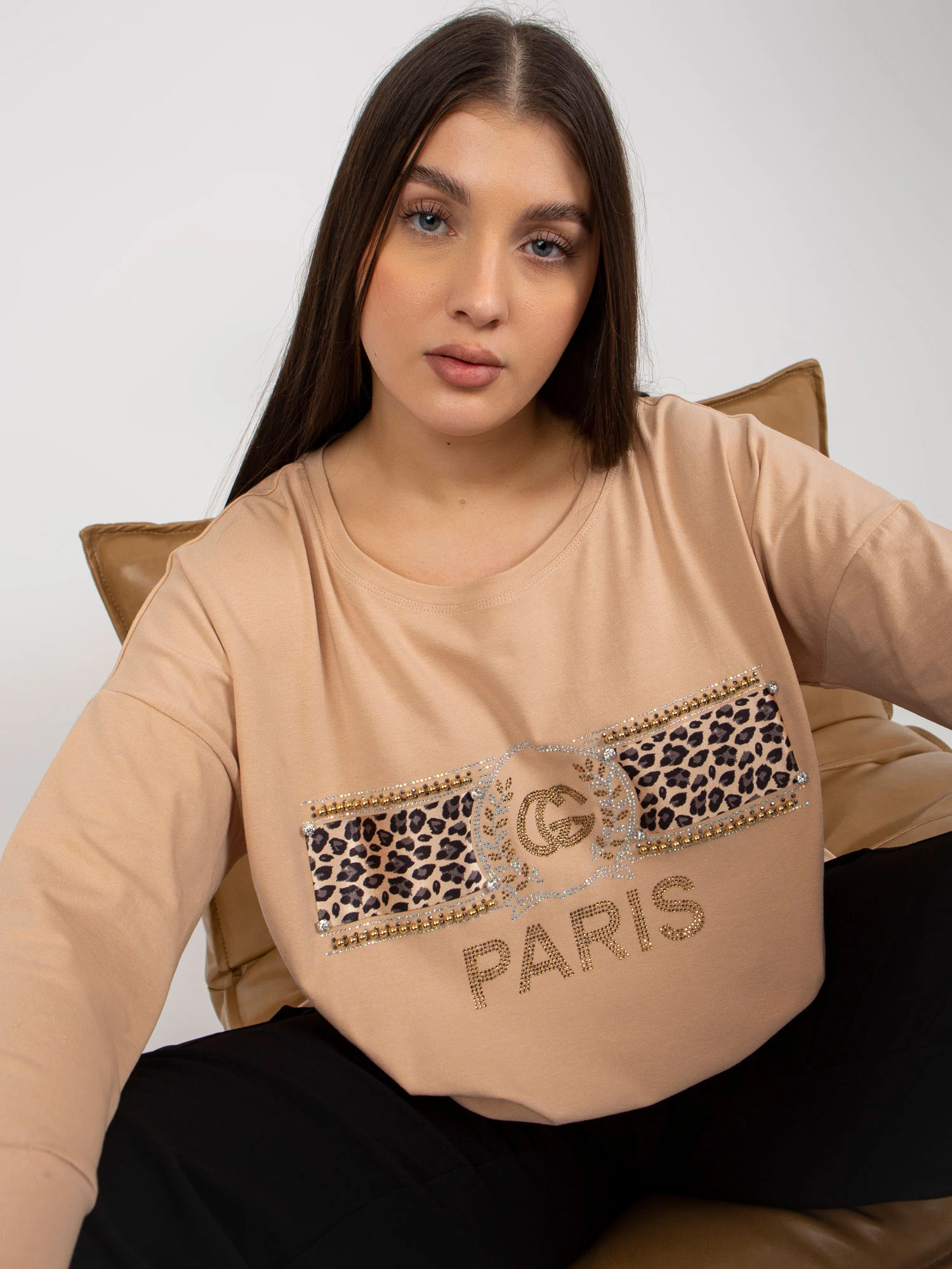 Bluza Dama Maneca 3/4, Decolteu rotund, VITON, Bej Eleganta Office - imagine 4