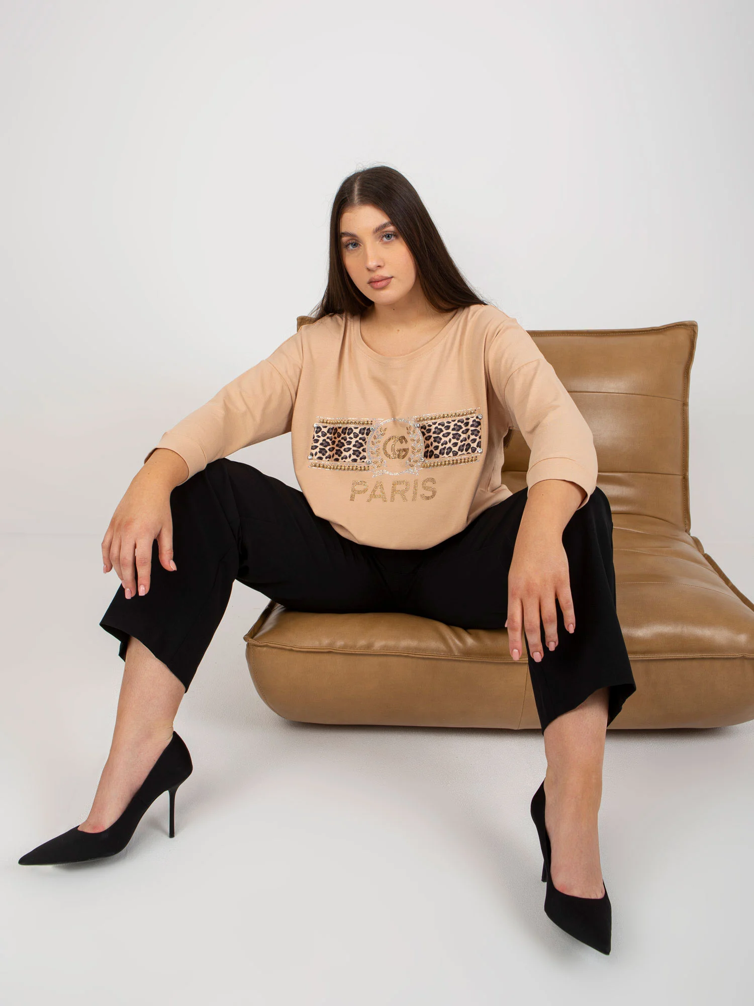 Bluza Dama Maneca 3/4, Decolteu rotund, VITON, Bej Eleganta Office - imagine 6