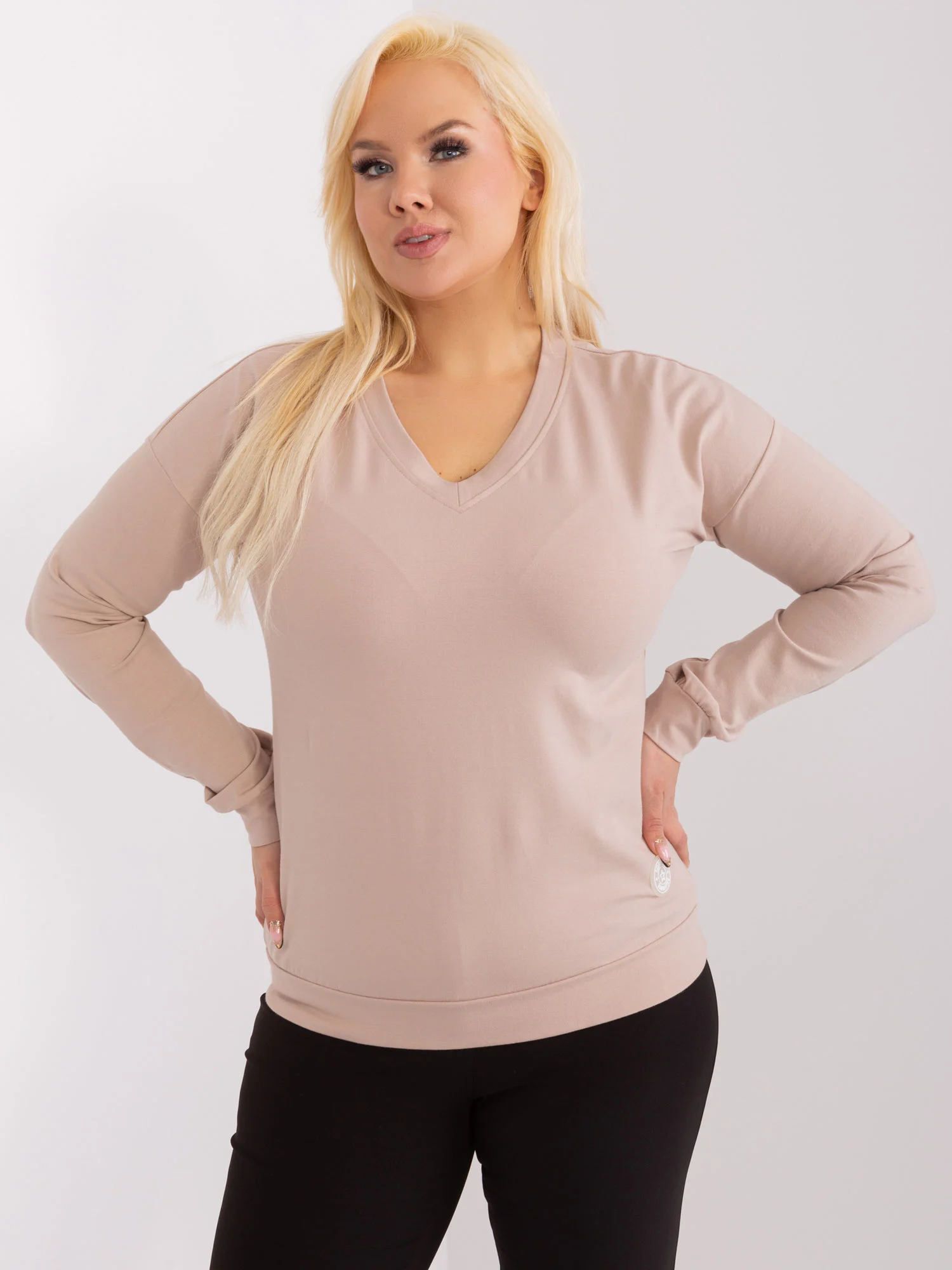 Bluza Dama Maneca lunga, Decolteu in V, RELEVANCE, Bej - imagine 3