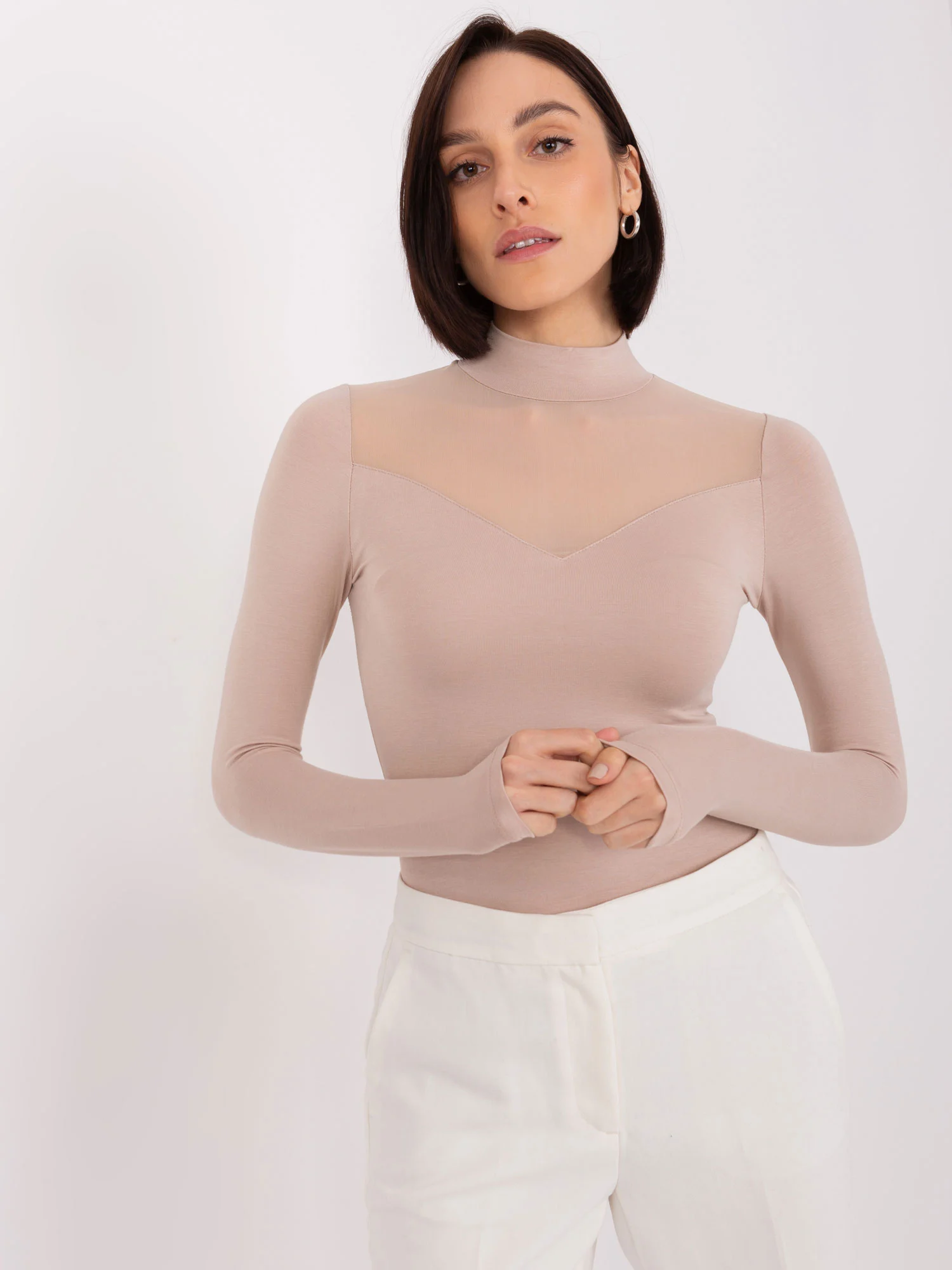 Bluza Dama Guler inalt, Viscoza, BASIC FEEL GOOD, Bej de Petrecere - imagine 3