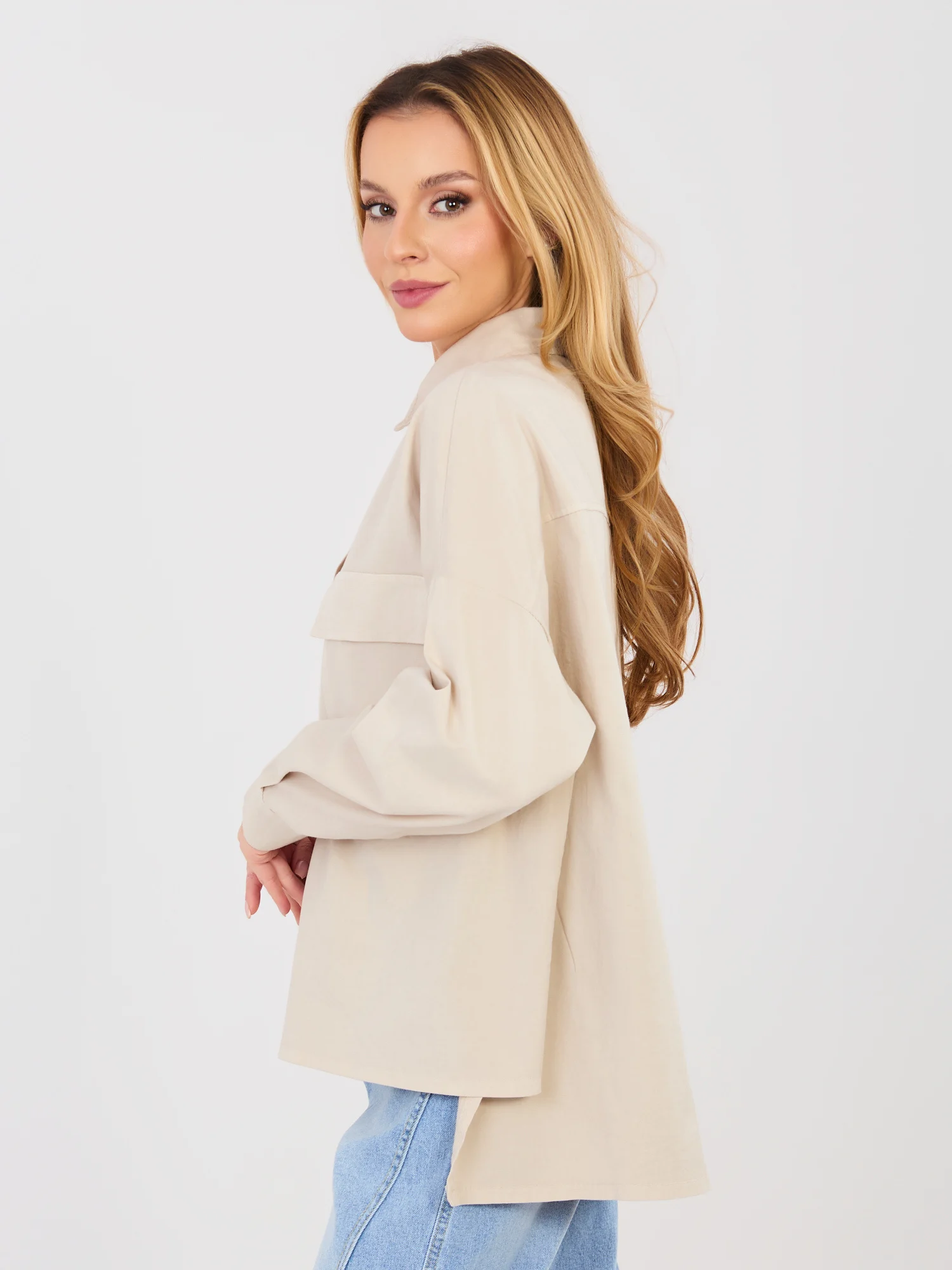 Camasa Dama Maneca lunga, Guler inalt, ITALY MODA, Bej Casual - imagine 4