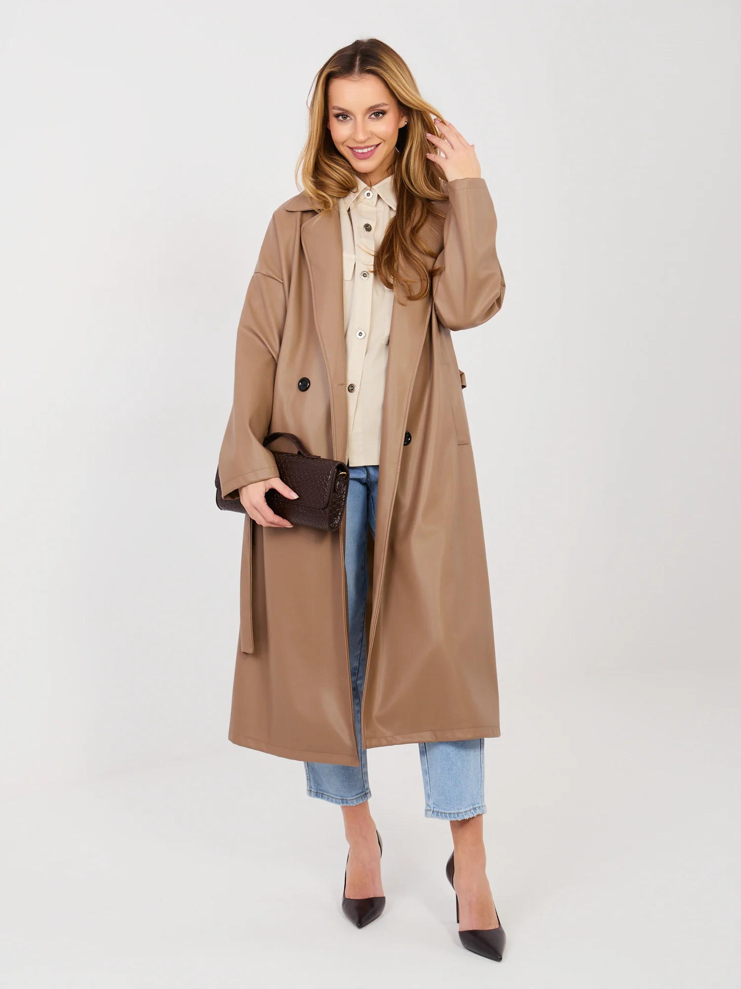 Camasa Dama Maneca lunga, Guler inalt, ITALY MODA, Bej Casual - imagine 6