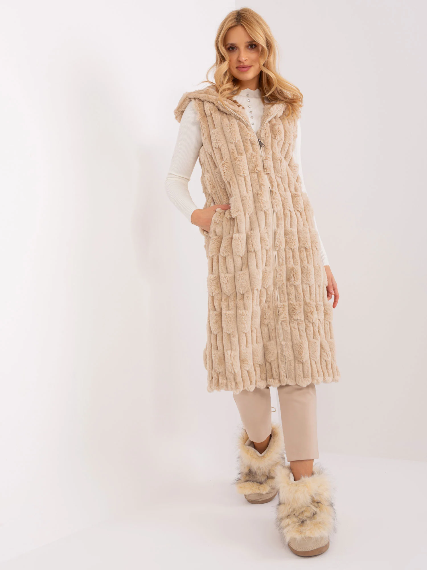 Vesta Dama Fara maneci, Elegant, Wool Fashion Italia, Bej Eleganta Office - imagine 2