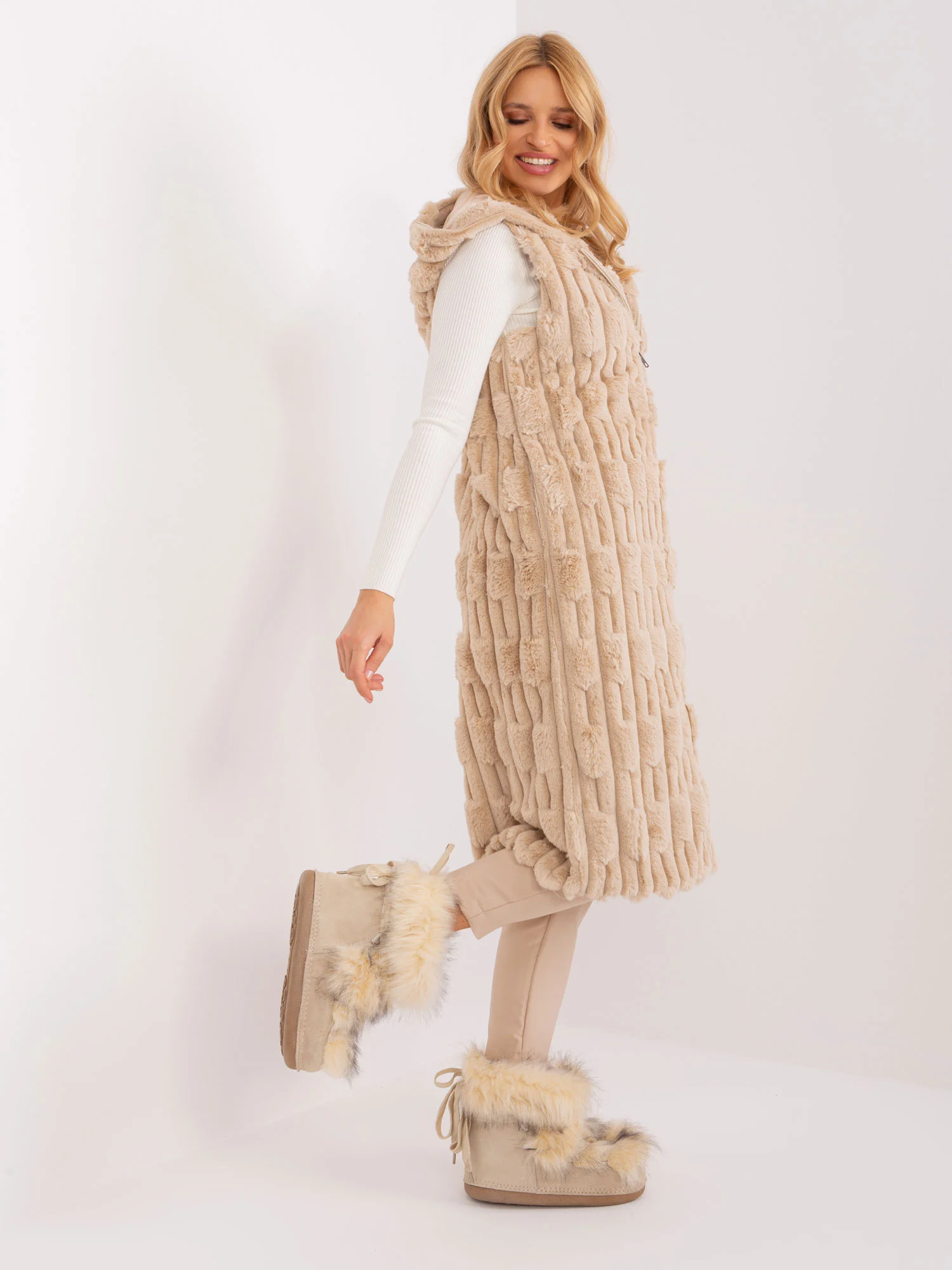 Vesta Dama Fara maneci, Elegant, Wool Fashion Italia, Bej Eleganta Office - imagine 6