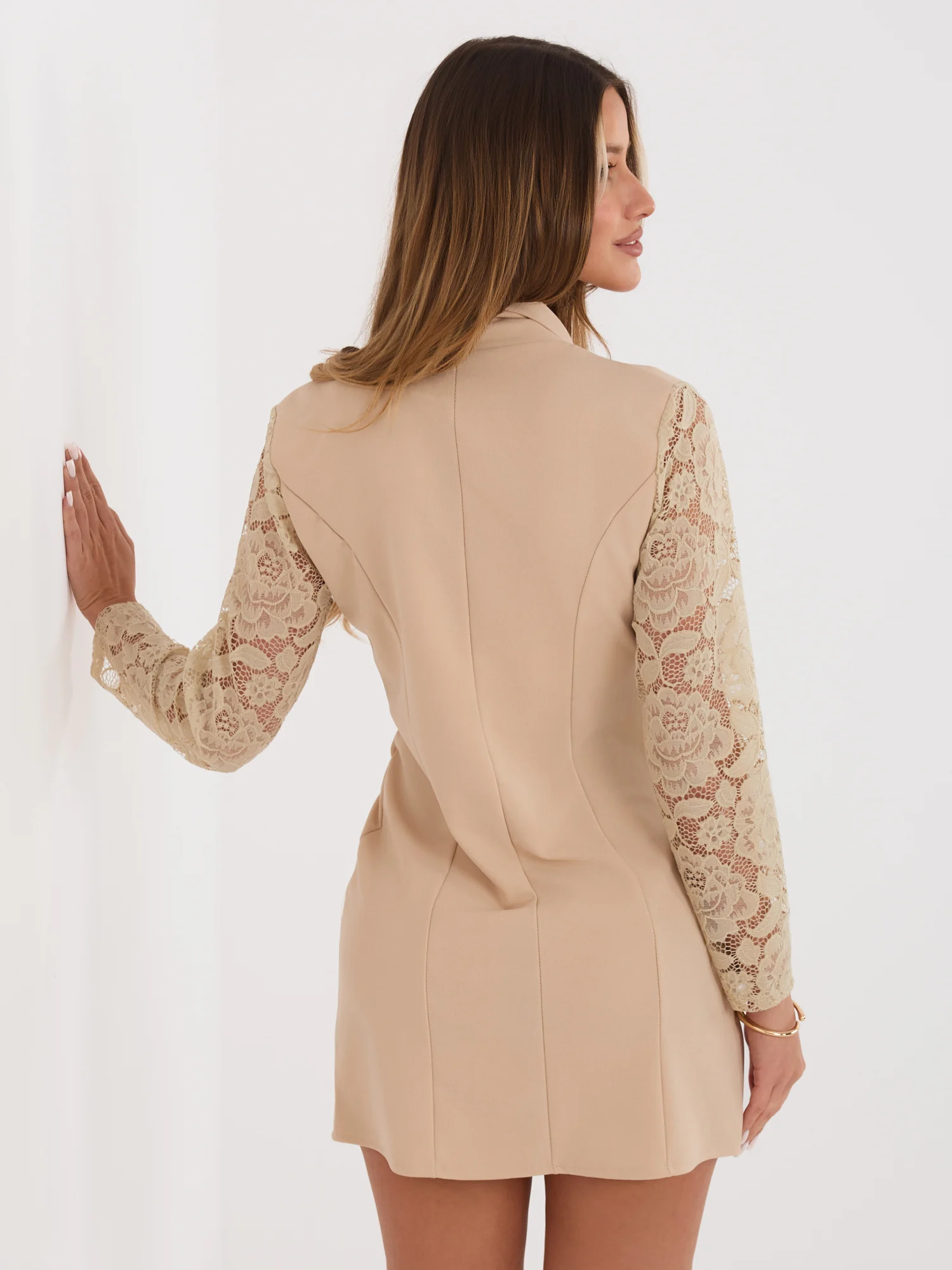 Rochie Dama Maxi, Dantela, ITALY MODA, Bej de Petrecere - imagine 3