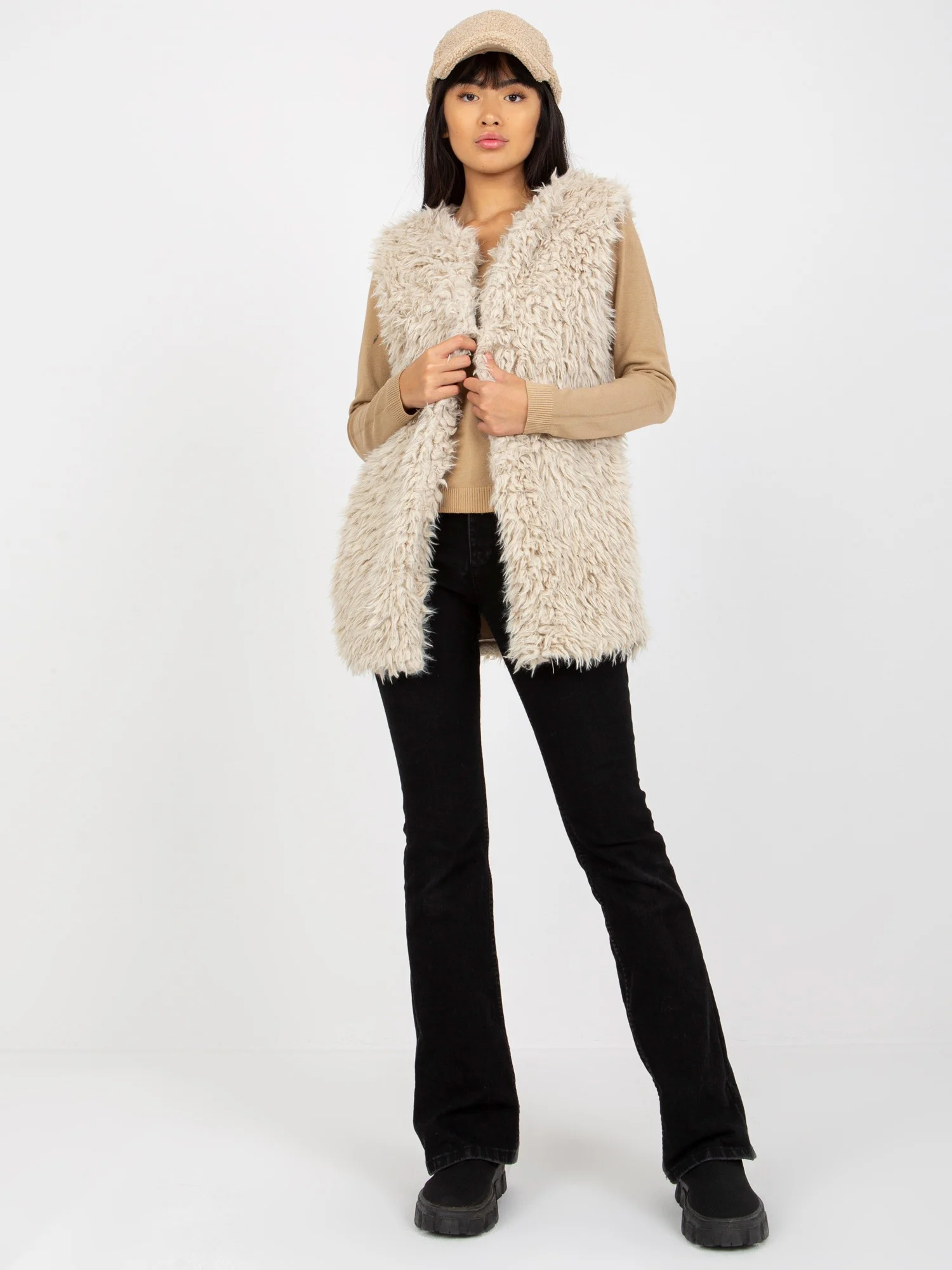 Vesta Dama Fara maneci, Guler inalt, Wool Fashion Italia, Bej Eleganta Office - imagine 6