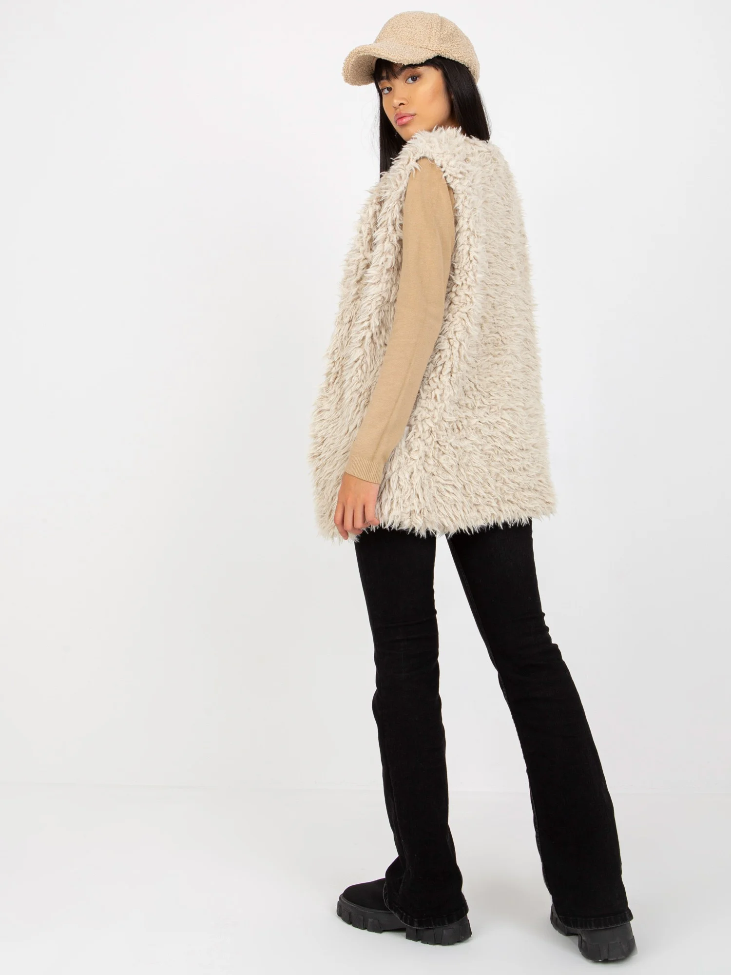 Vesta Dama Fara maneci, Guler inalt, Wool Fashion Italia, Bej Eleganta Office - imagine 7