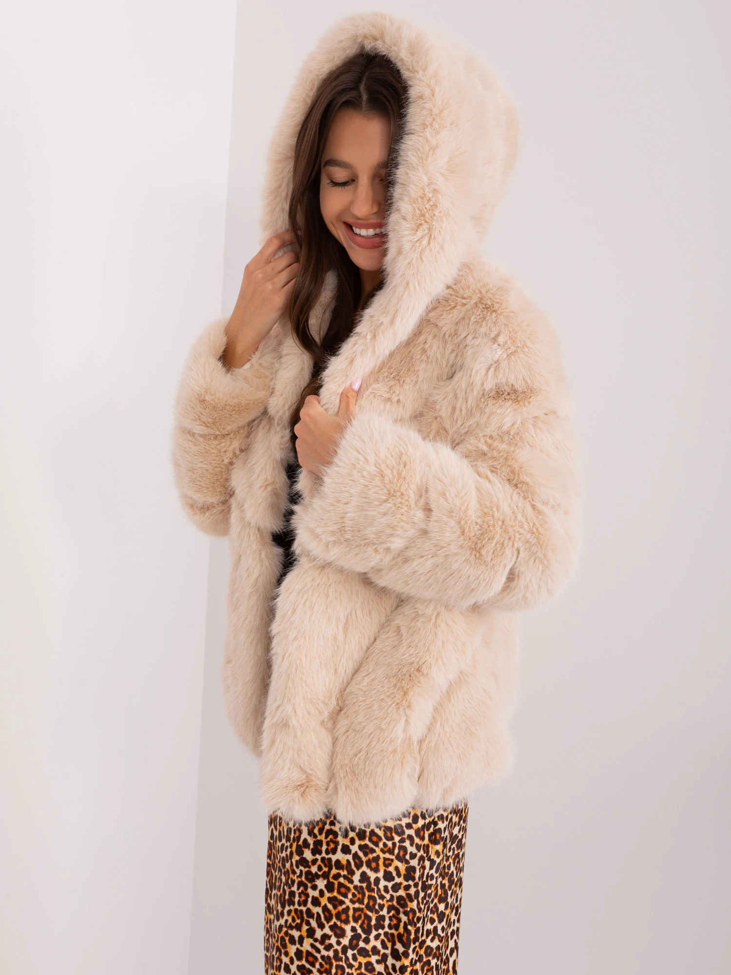 Jacheta Dama Maneca lunga, Guler inalt, Wool Fashion Italia, Bej de Vara Marimi Mari - imagine 6