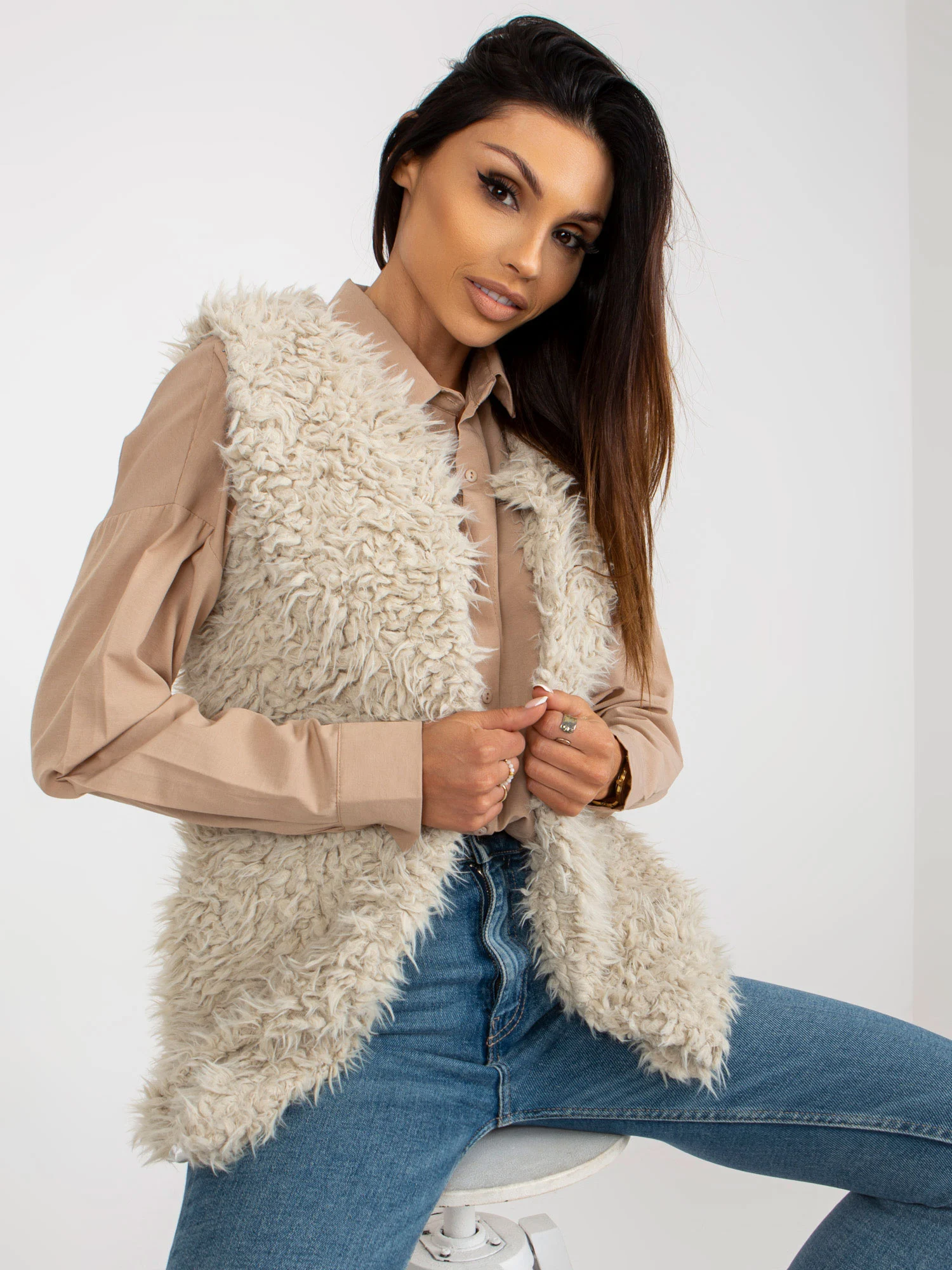 Vesta Dama Fara maneci, Guler inalt, Wool Fashion Italia, Bej Casual - Image 4