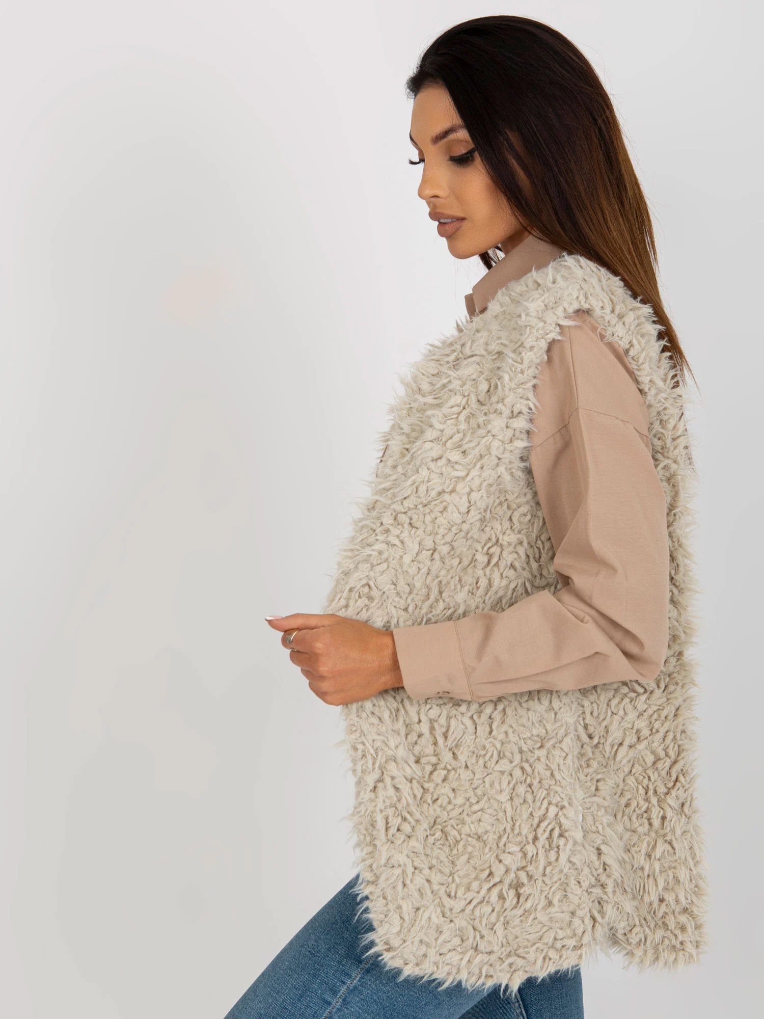 Vesta Dama Fara maneci, Guler inalt, Wool Fashion Italia, Bej Casual - Image 2
