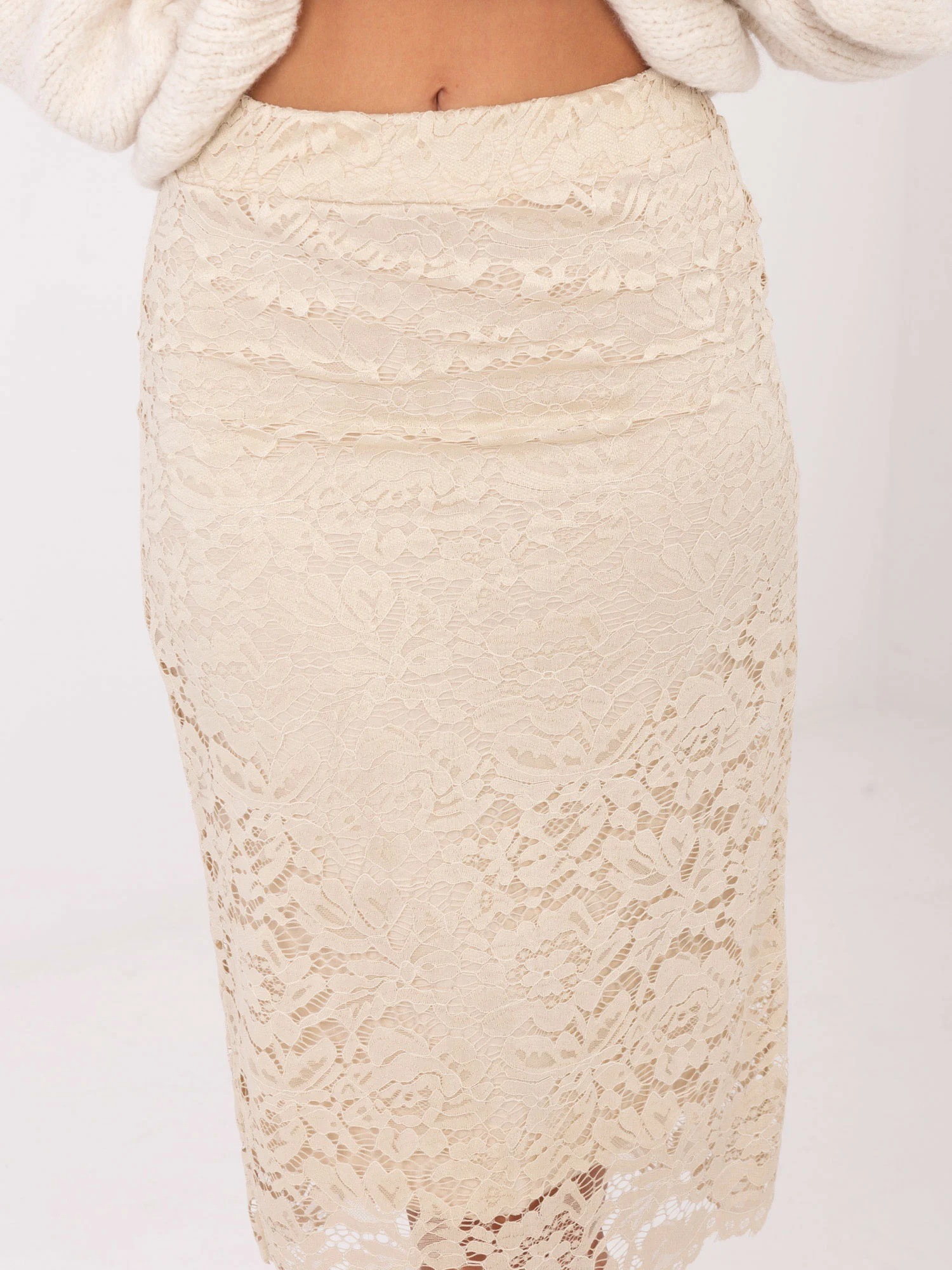 Fusta Dama Midi, Dantela, ITALY MODA, Bej Eleganta Office - imagine 5