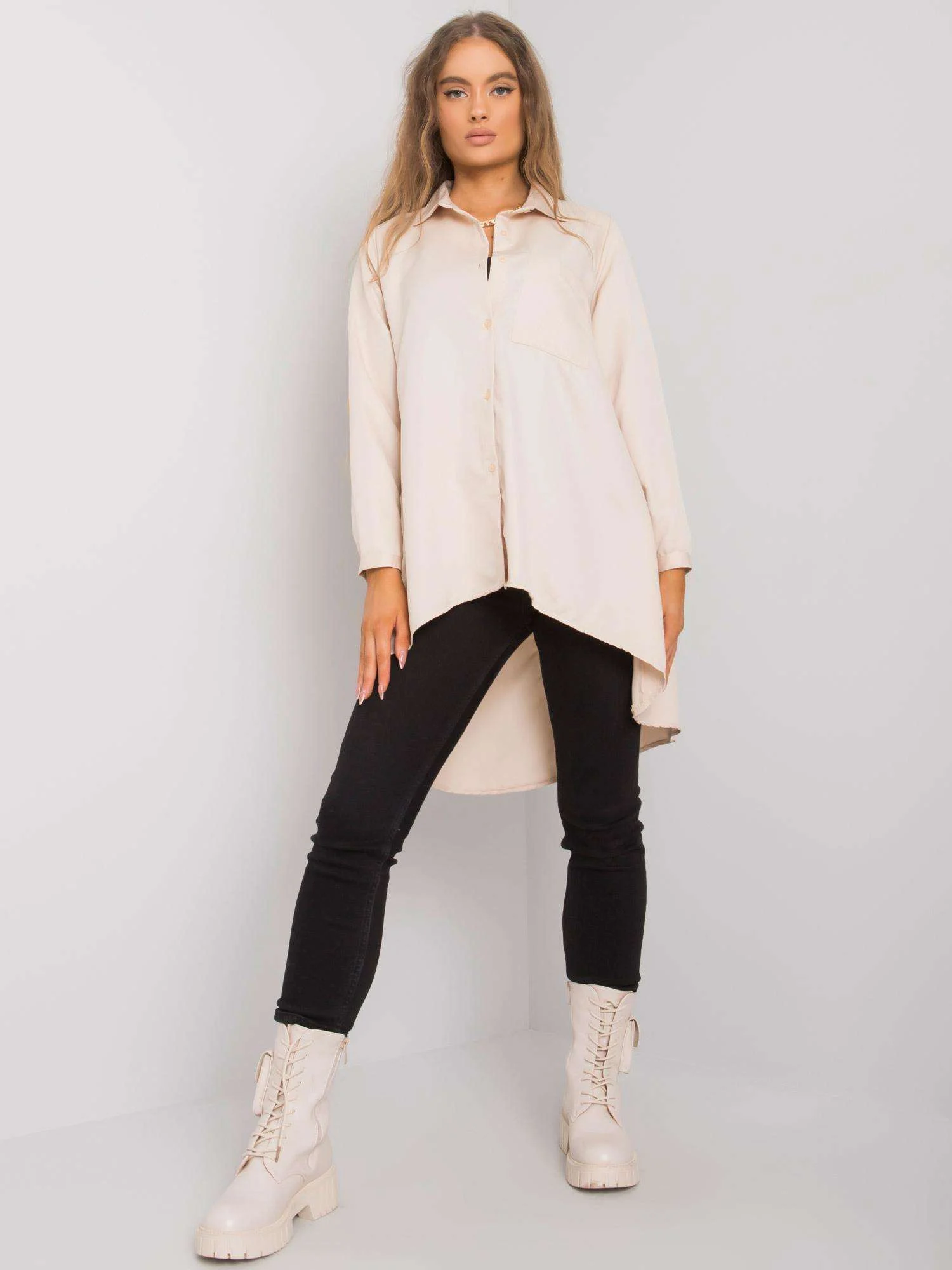 Camasa Dama Maneca lunga, Decolteu cu guler, ex moda, Bej Eleganta Office - imagine 2