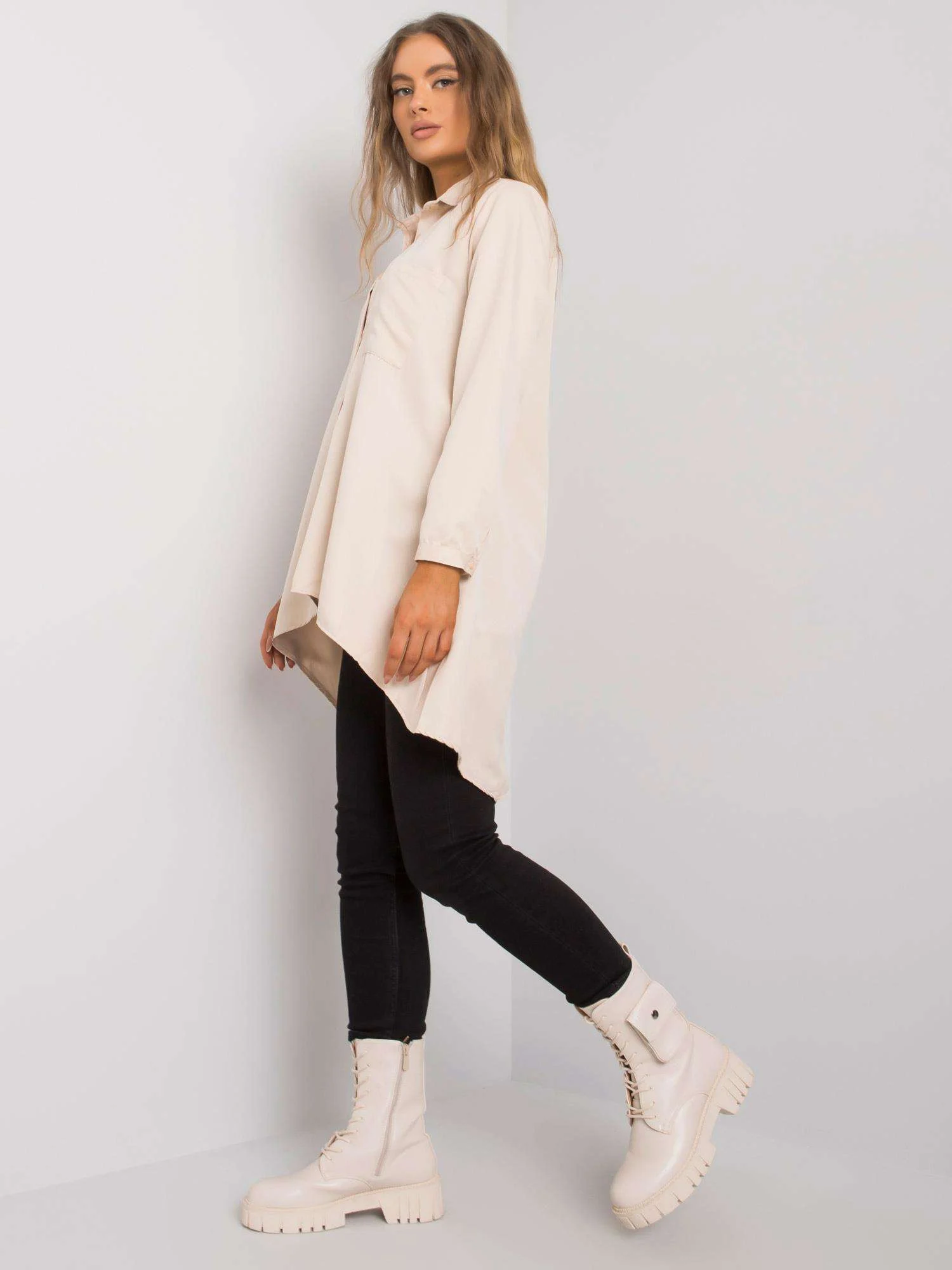 Camasa Dama Maneca lunga, Decolteu cu guler, ex moda, Bej Eleganta Office - imagine 5