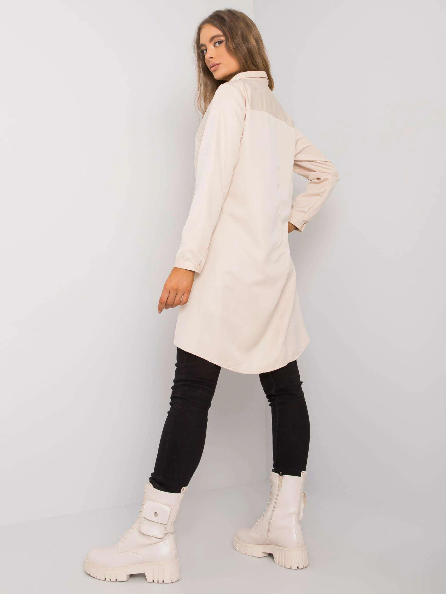 Camasa Dama Maneca lunga, Decolteu cu guler, ex moda, Bej Eleganta Office - imagine 3