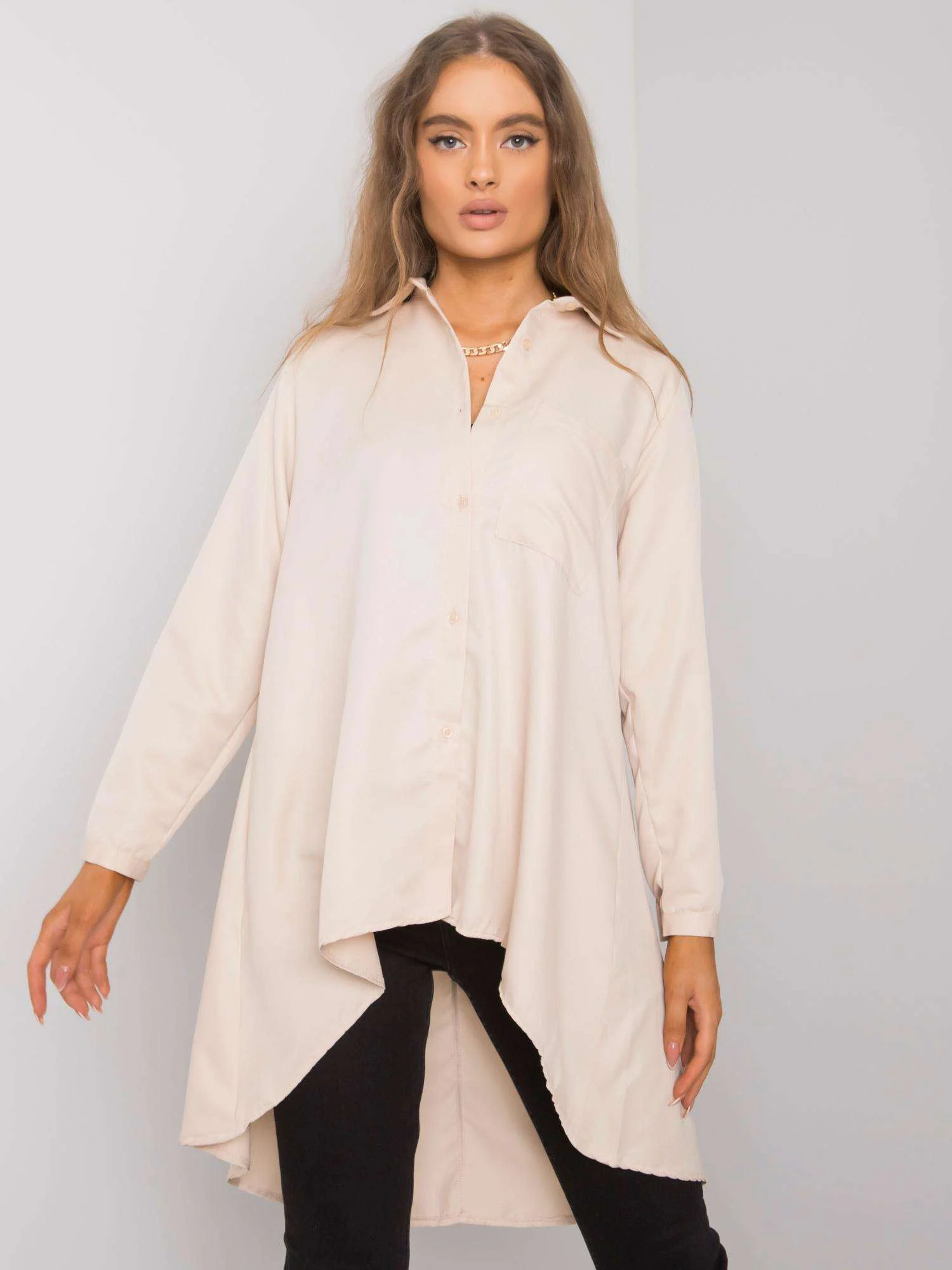 Camasa Dama Maneca lunga, Decolteu cu guler, ex moda, Bej Eleganta Office - imagine 4