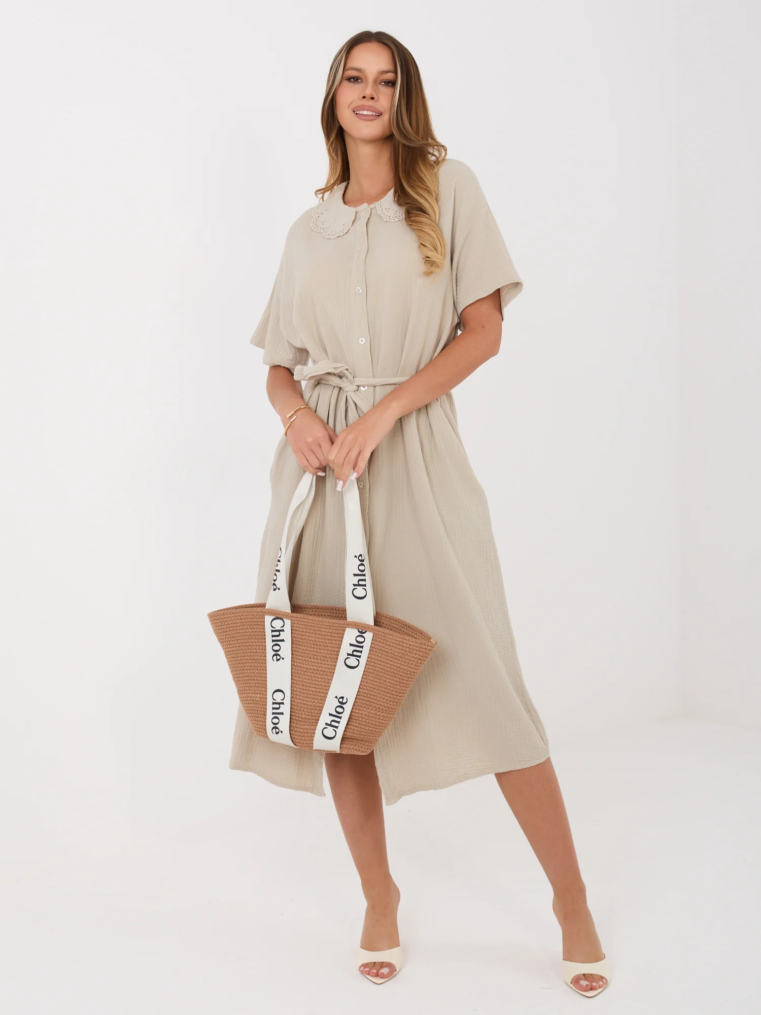 Rochie Dama Midi, Lejera, ITALY MODA, Bej de Vara - imagine 3