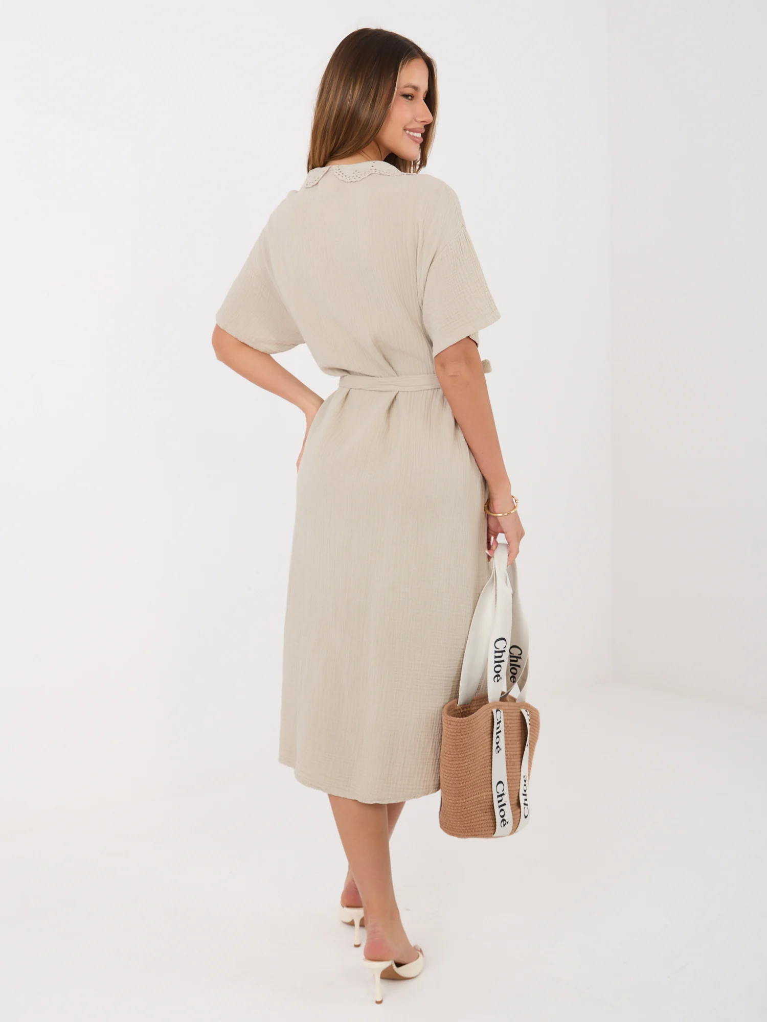 Rochie Dama Midi, Lejera, ITALY MODA, Bej de Vara - imagine 4