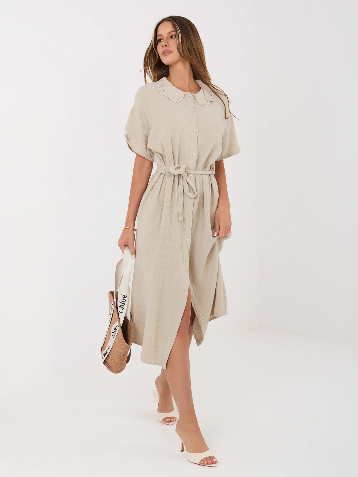 Rochie Dama Midi, Lejera, ITALY MODA, Bej de Vara - imagine 2