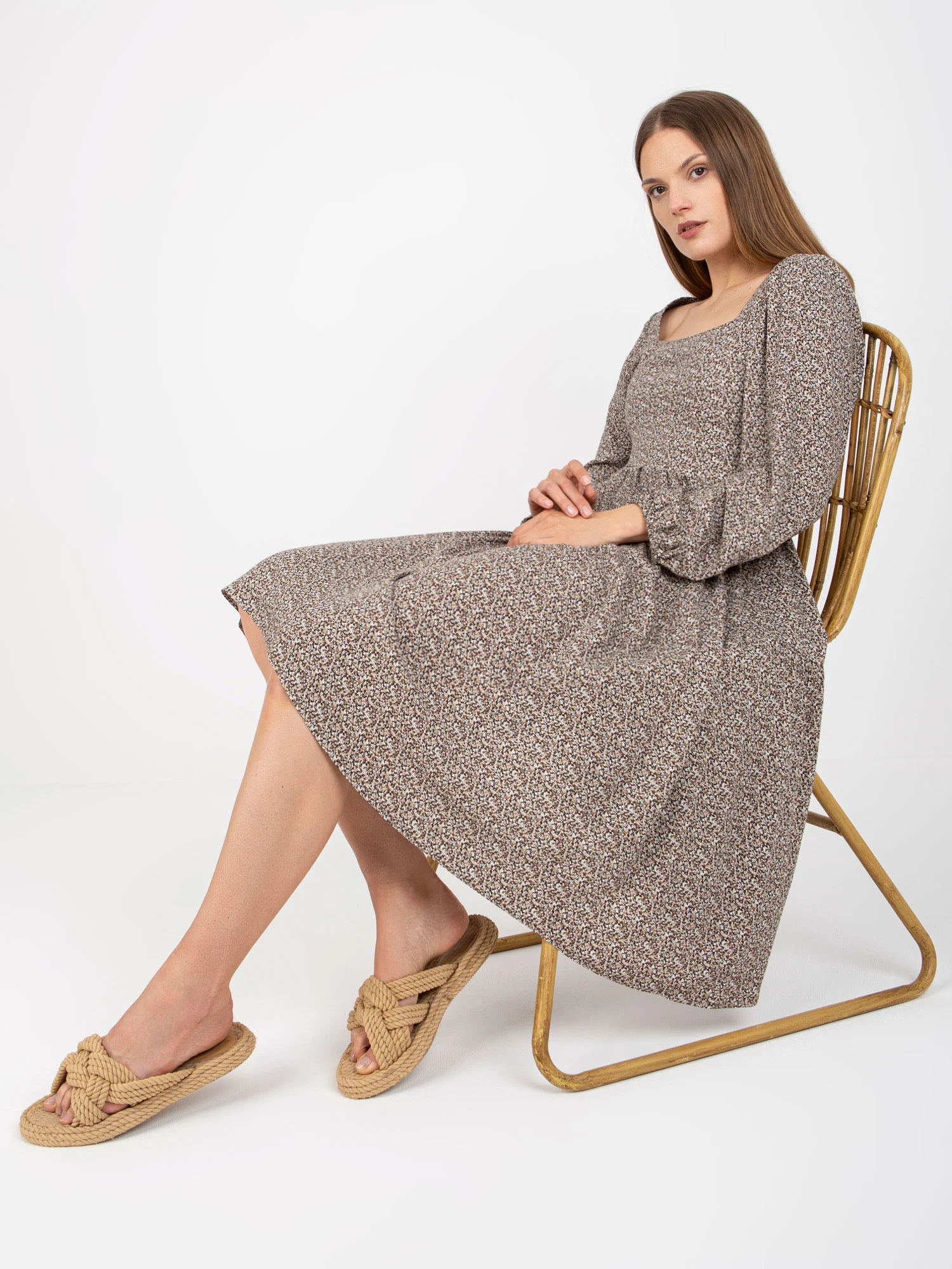 Rochie Dama Maxi, Imprimat, ZULUNA, Bej Eleganta Office - Image 2