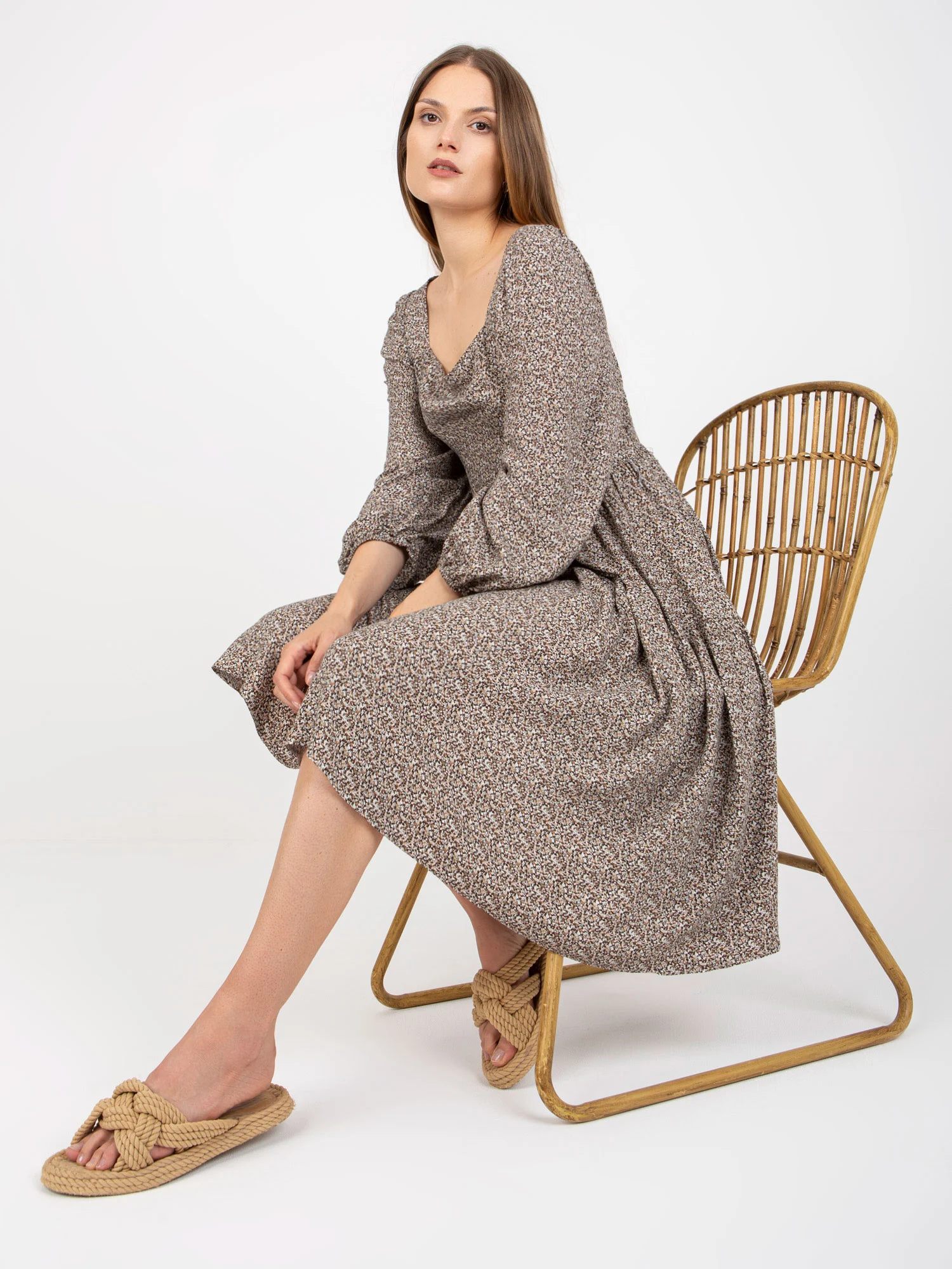 Rochie Dama Maxi, Imprimat, ZULUNA, Bej Eleganta Office - Image 5