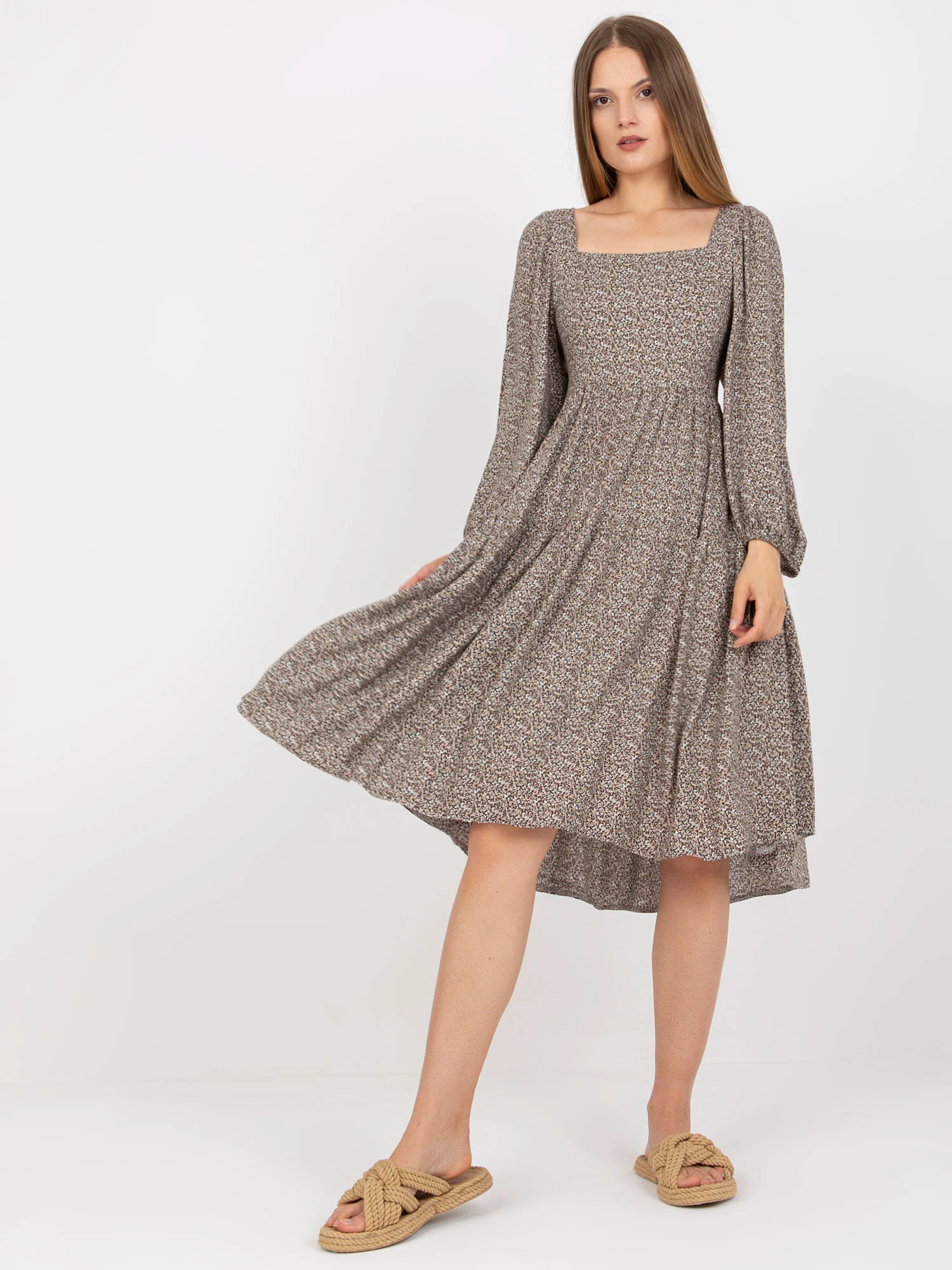 Rochie Dama Maxi, Imprimat, ZULUNA, Bej Eleganta Office - Image 4