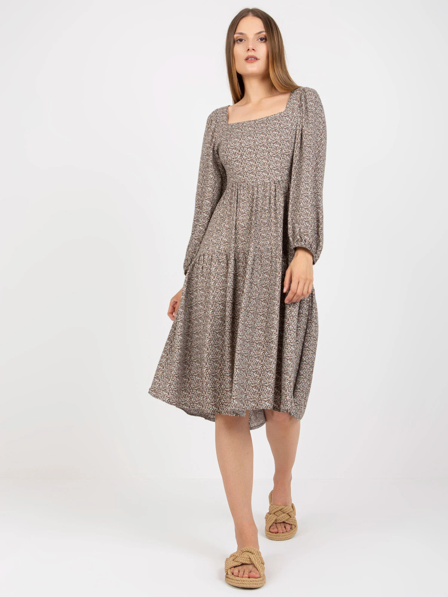 Rochie Dama Maxi, Imprimat, ZULUNA, Bej Eleganta Office - Image 3