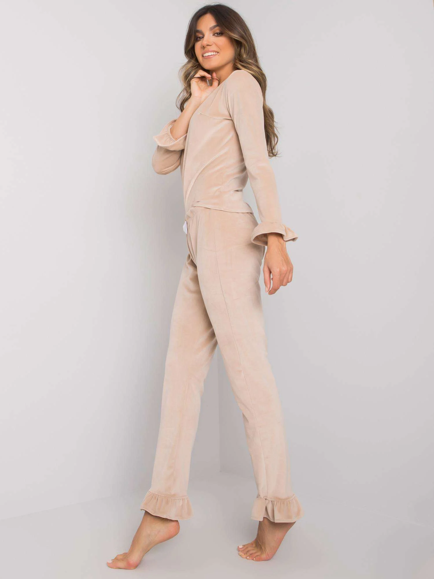 Pijama Dama Maneca lunga, Decolteu in V, RUE PARIS, Bej - imagine 4