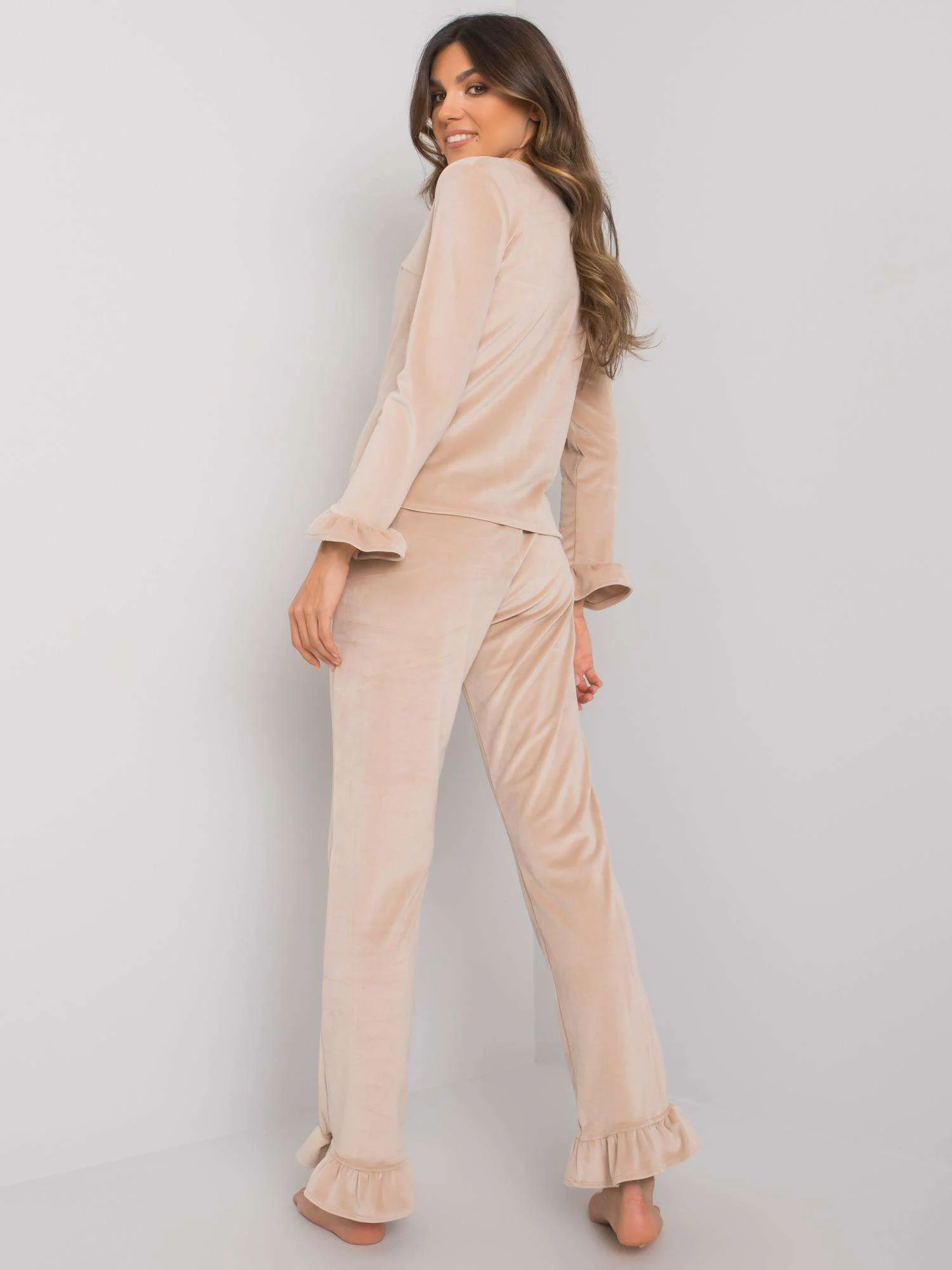 Pijama Dama Maneca lunga, Decolteu in V, RUE PARIS, Bej - imagine 3
