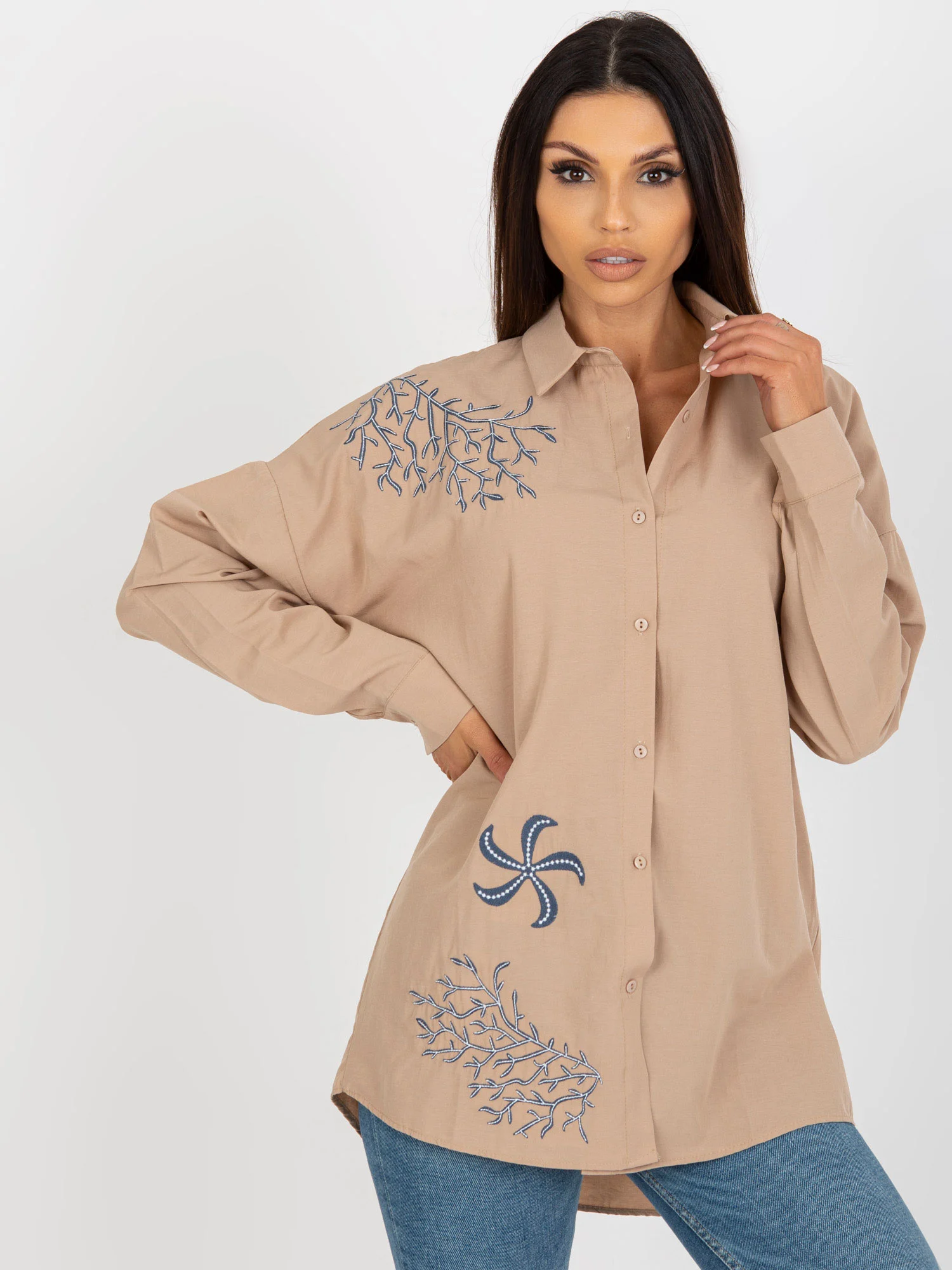 Camasa Dama Maneca lunga, Guler inalt, MISS FRA, Bej Eleganta Office - imagine 4