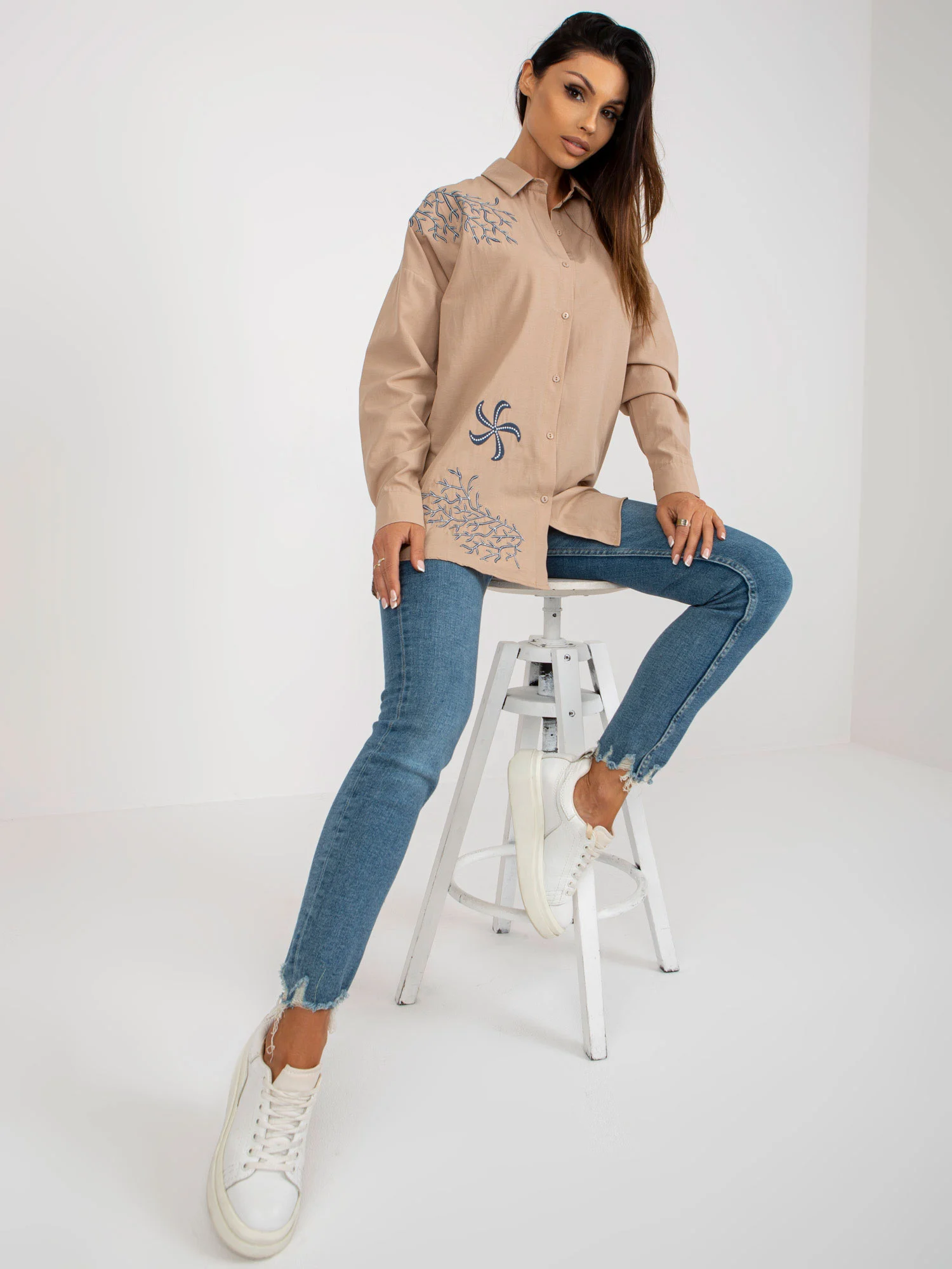 Camasa Dama Maneca lunga, Guler inalt, MISS FRA, Bej Eleganta Office - imagine 3