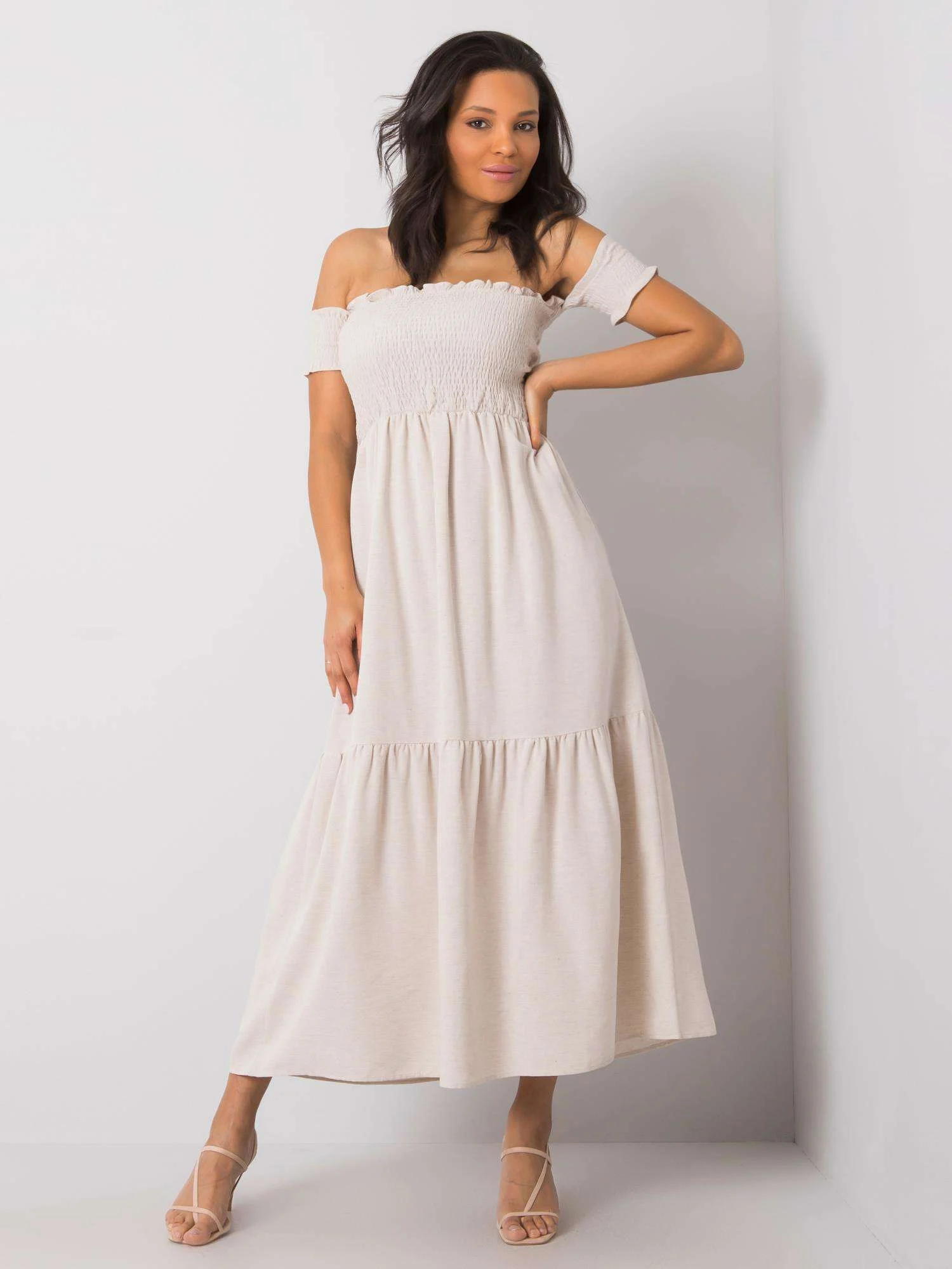 Rochie Dama Maxi, Pe umeri, RUE PARIS, Bej Casual Marimi Mari - imagine 2
