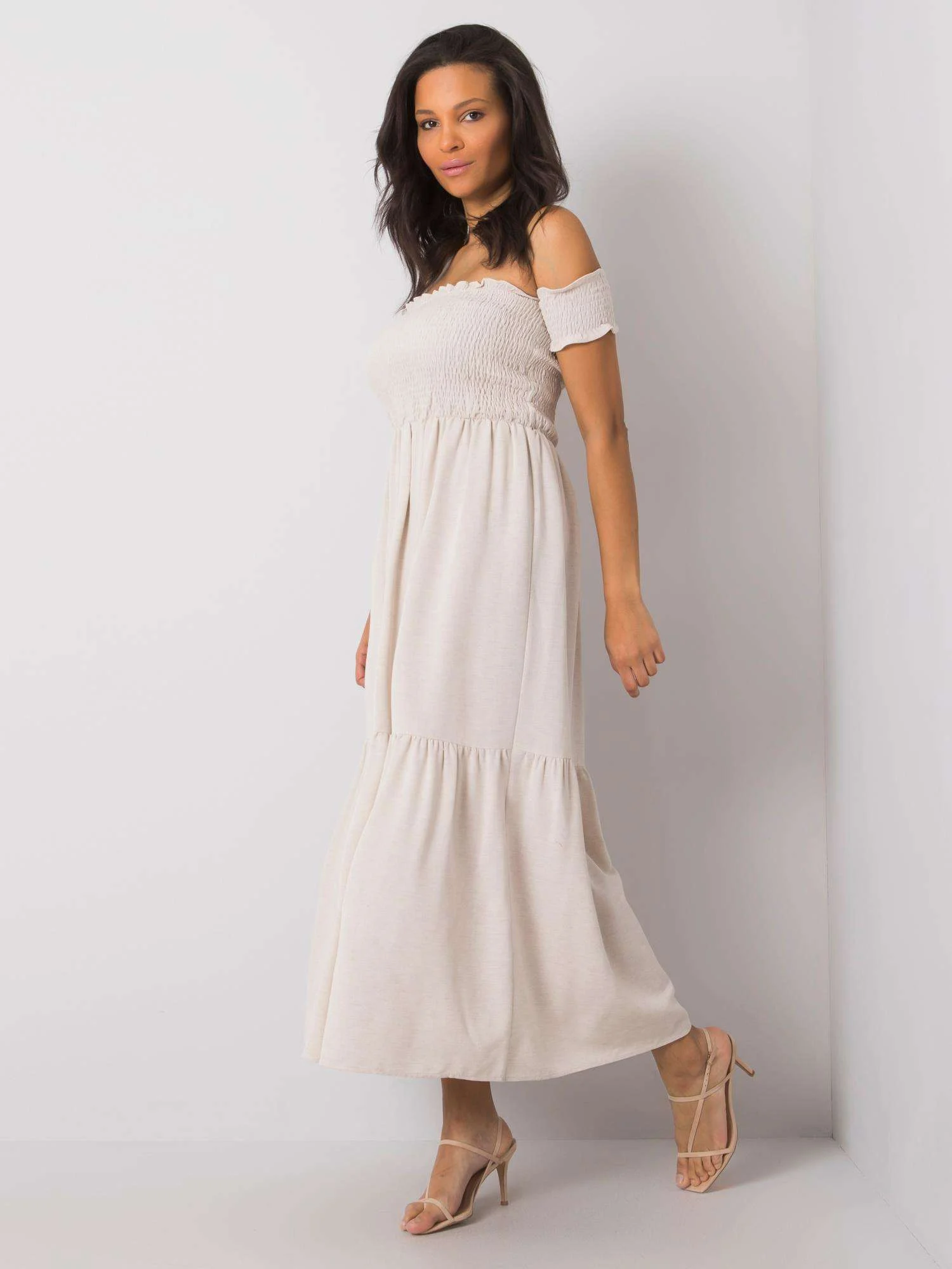 Rochie Dama Maxi, Pe umeri, RUE PARIS, Bej Casual Marimi Mari - imagine 3