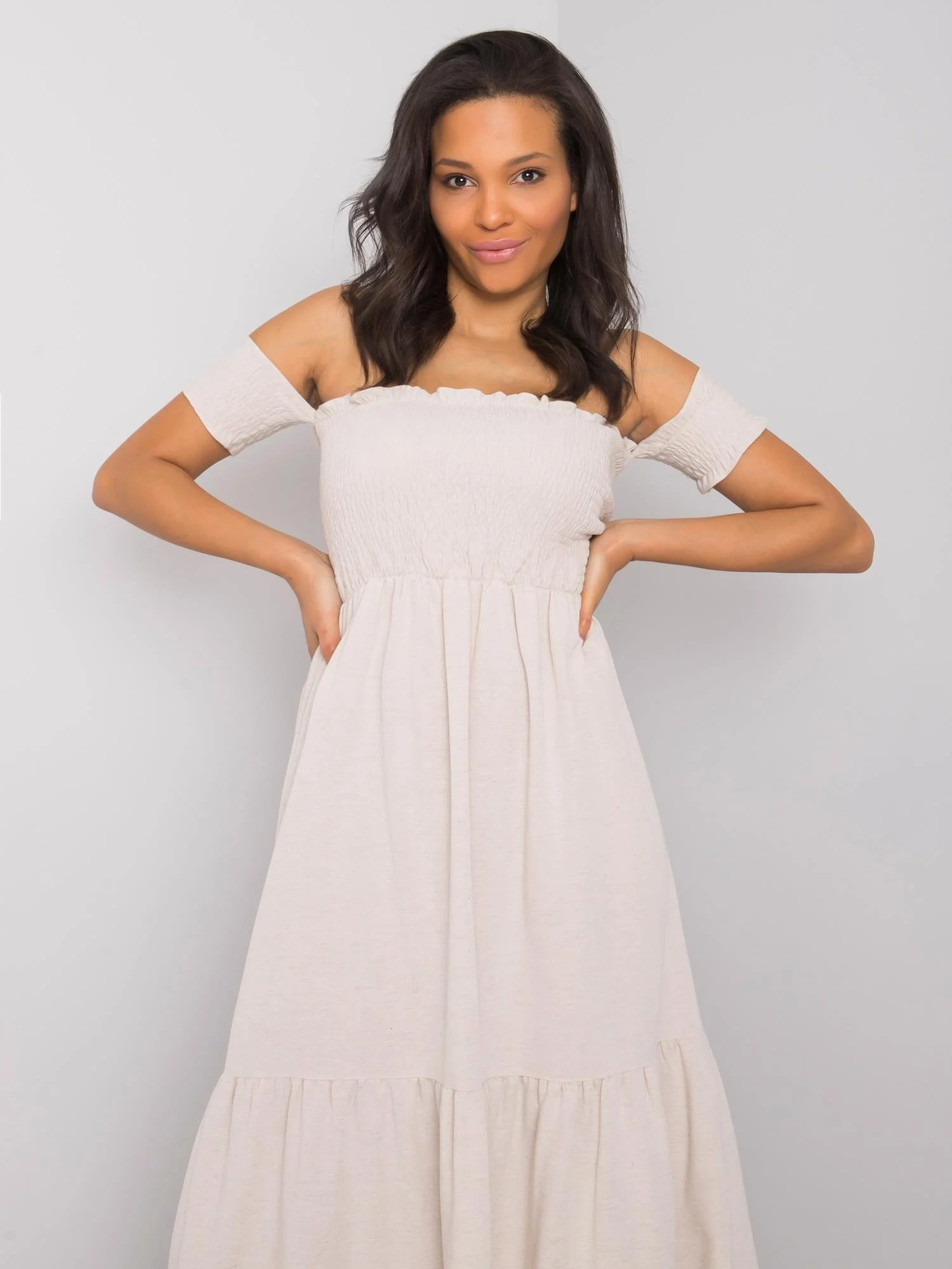 Rochie Dama Maxi, Pe umeri, RUE PARIS, Bej Casual Marimi Mari - imagine 4