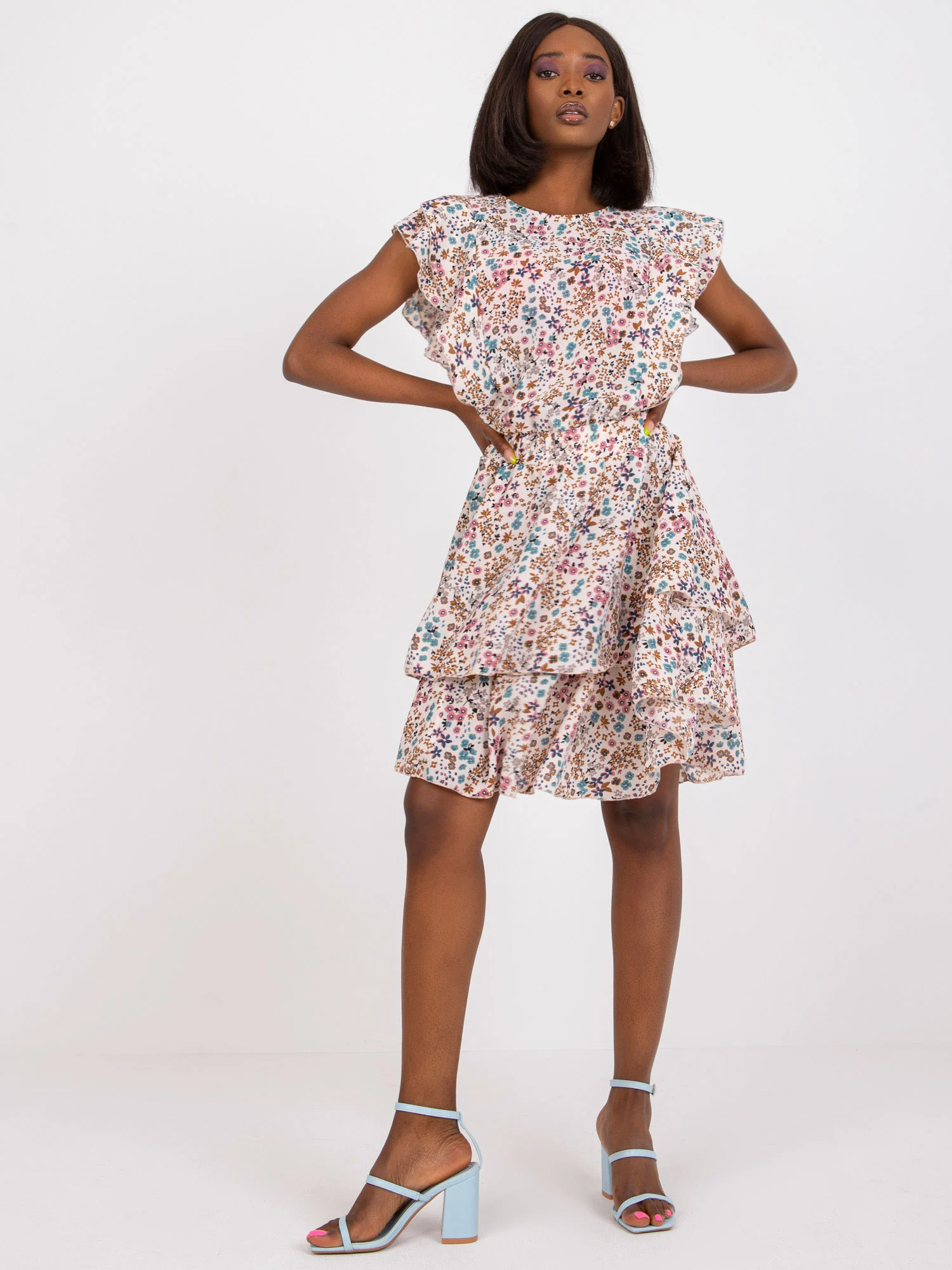 Rochie Dama Mini, Floral, ZULUNA, Bej Eleganta Office - Image 3