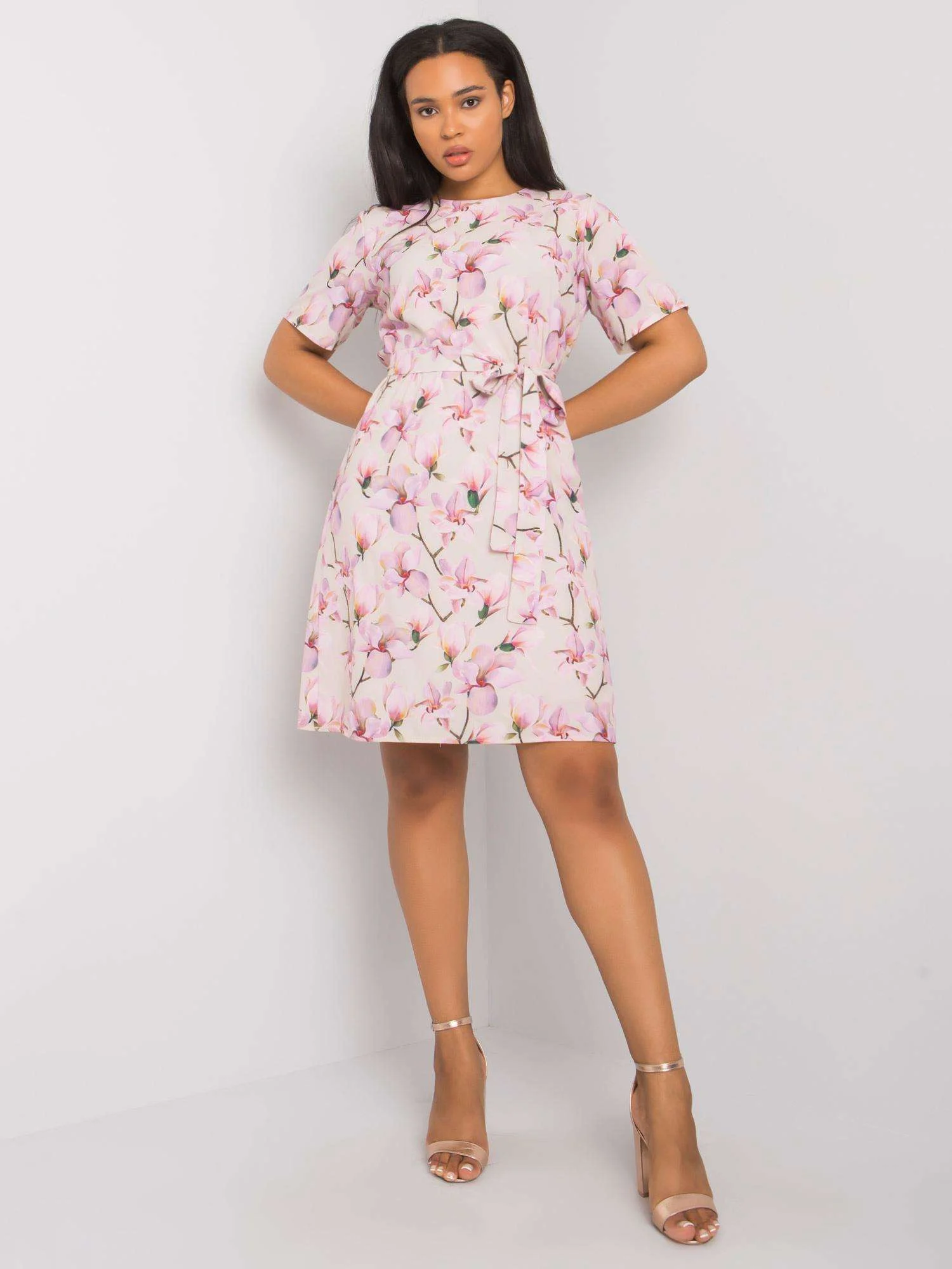 Rochie Dama Mini, Floral, LAKERTA, Bej Eleganta Office - imagine 3