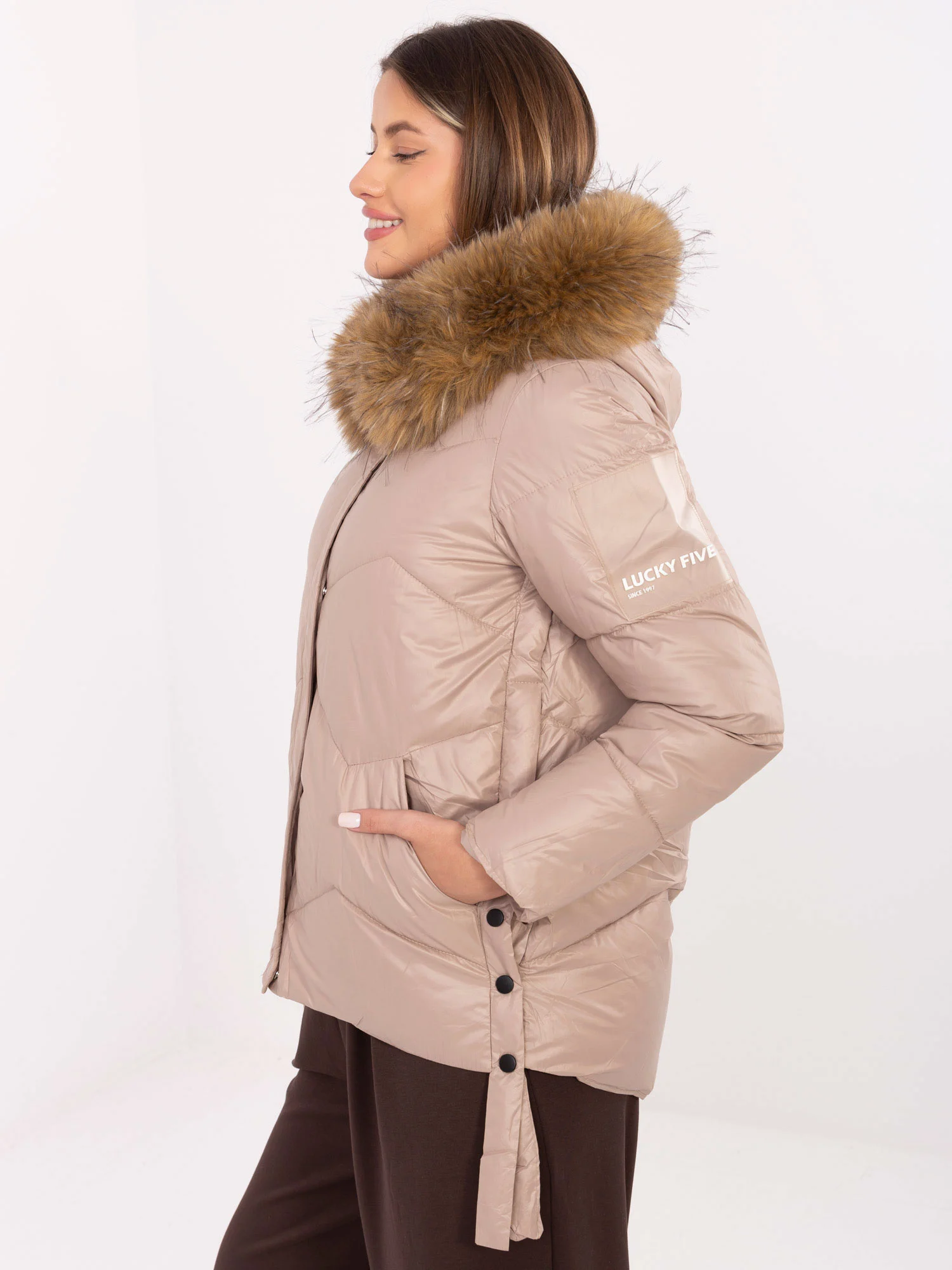 Jacheta Dama Maneca lunga, Guler inalt, Snow Moda, Bej Casual Marimi Mari - imagine 4