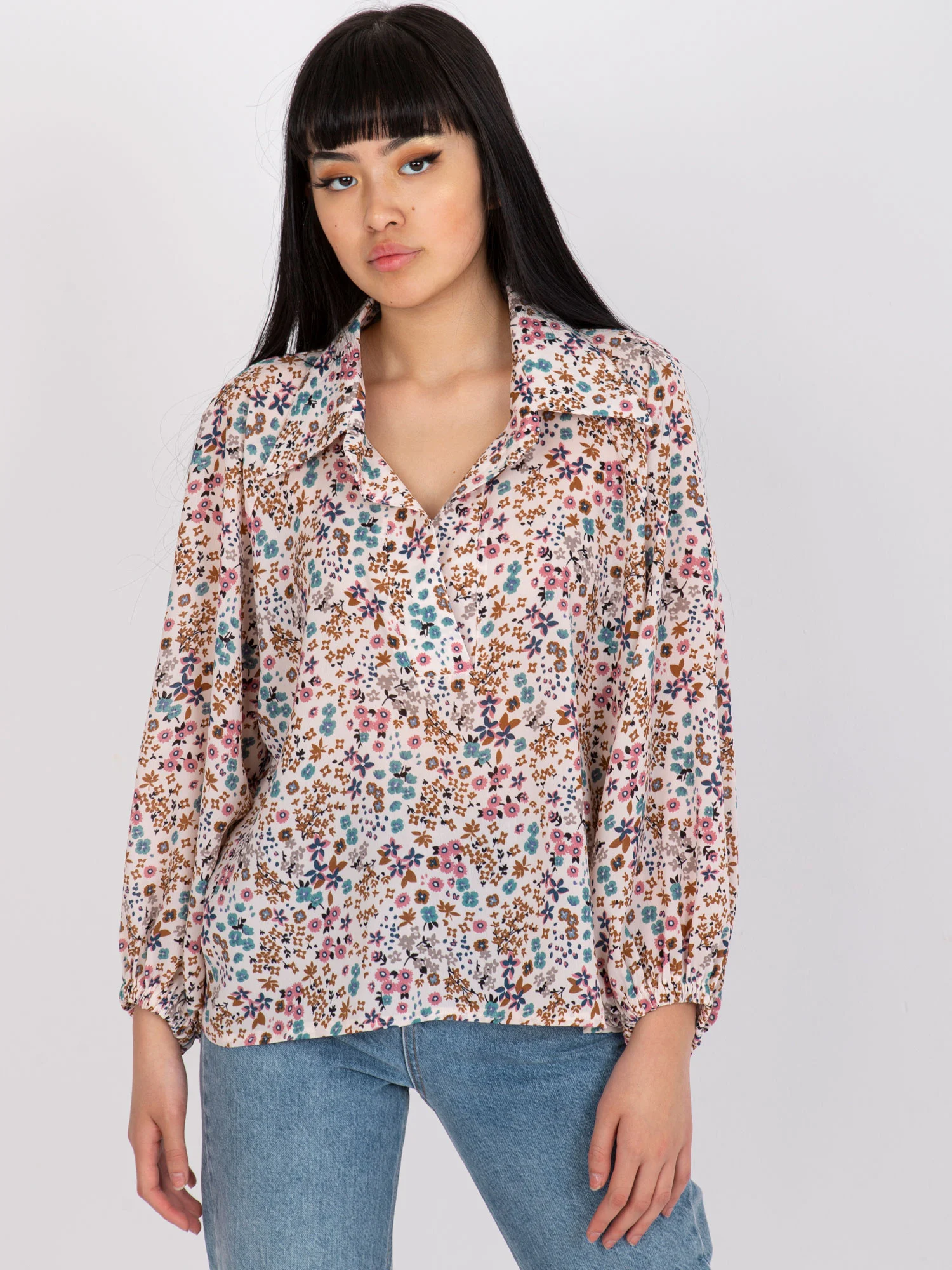 Bluza Dama Maneca lunga, Floral, ZULUNA, Bej Eleganta Office - imagine 3