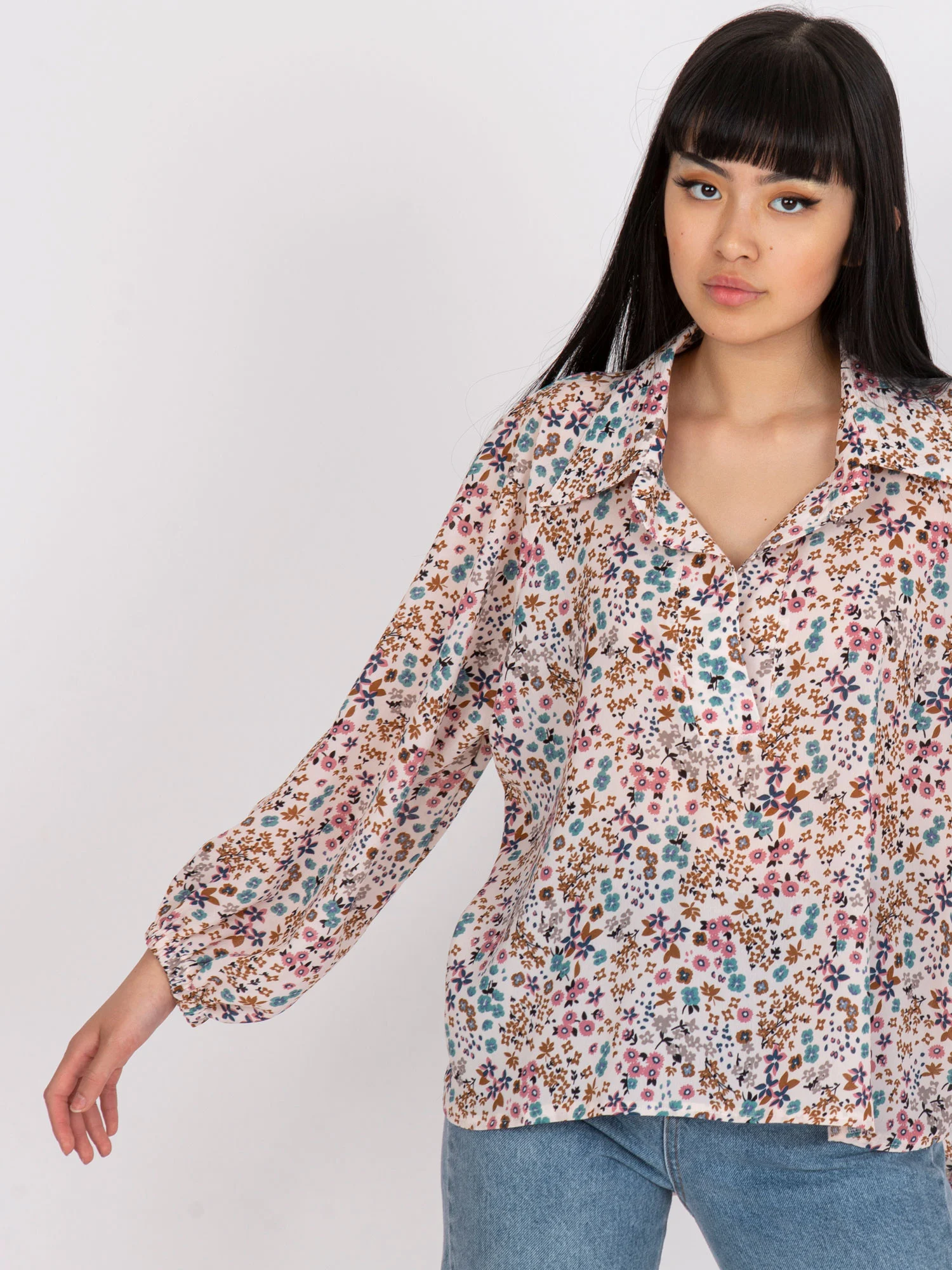 Bluza Dama Maneca lunga, Floral, ZULUNA, Bej Eleganta Office - imagine 2