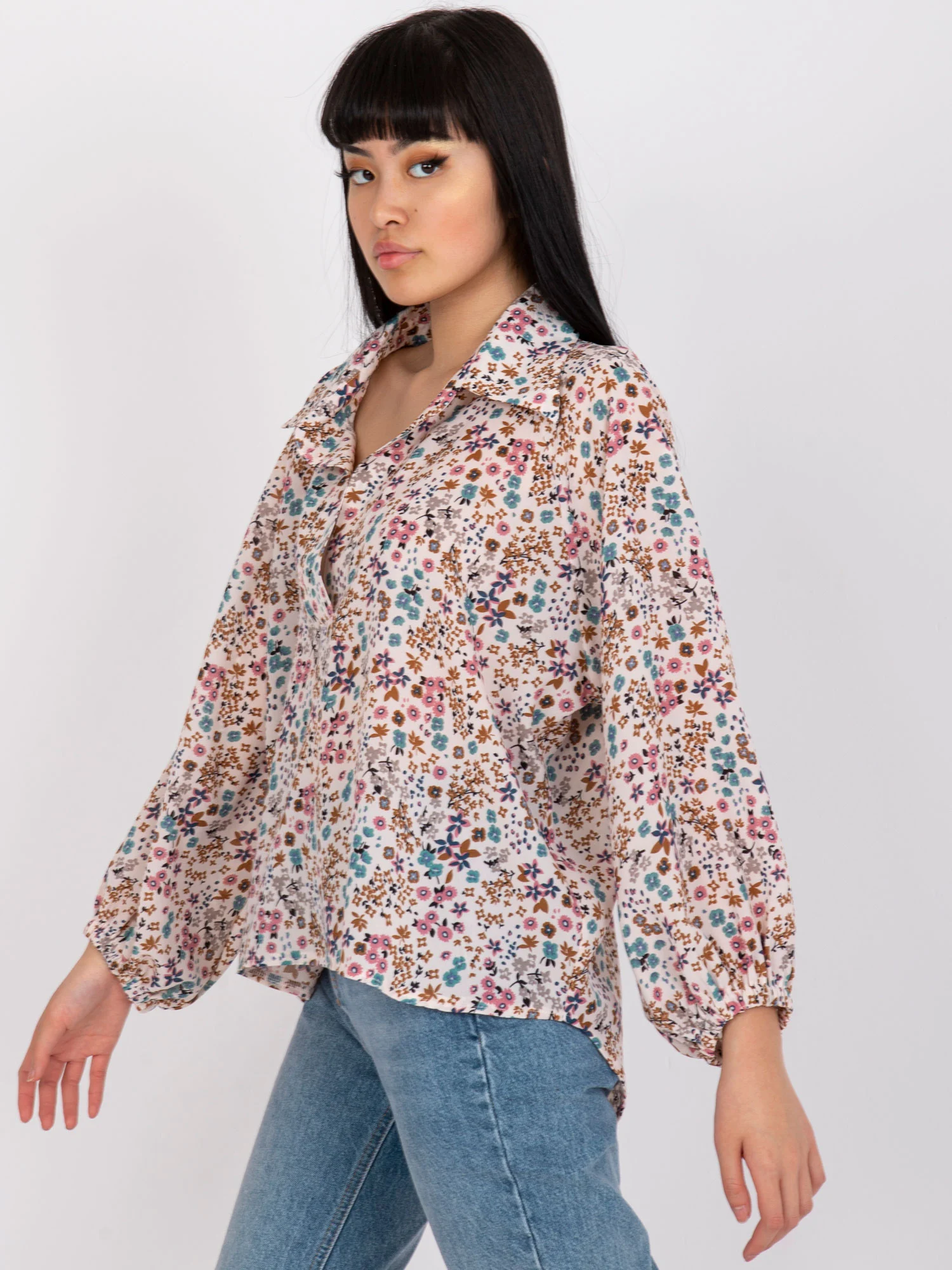 Bluza Dama Maneca lunga, Floral, ZULUNA, Bej Eleganta Office - imagine 5