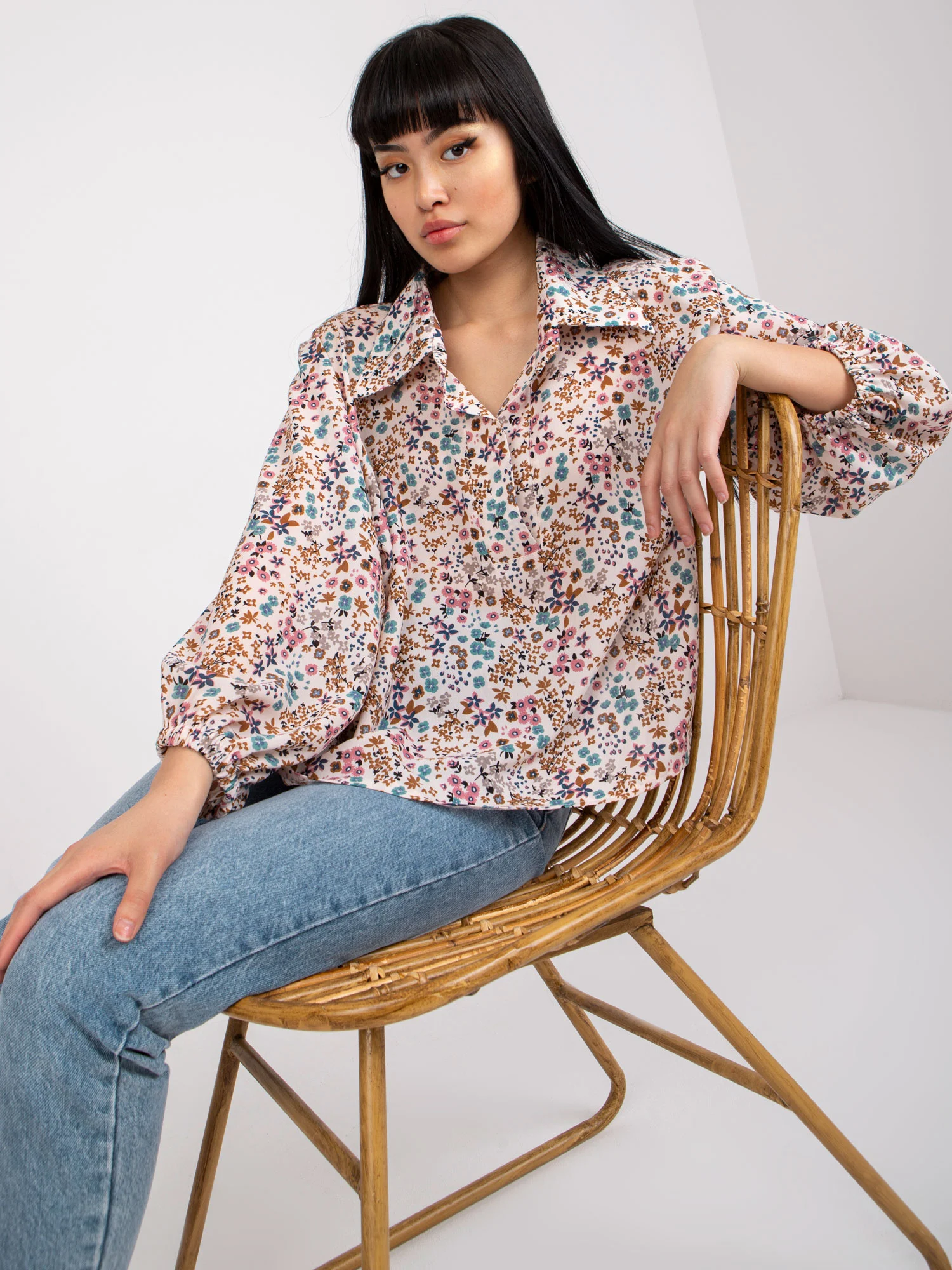 Bluza Dama Maneca lunga, Floral, ZULUNA, Bej Eleganta Office - imagine 4