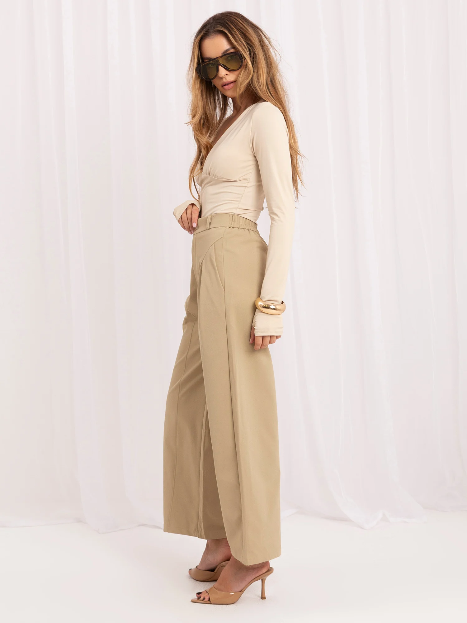 Pantaloni Dama 7/8, Larga, ITALY MODA, Bej Eleganta Office - imagine 6