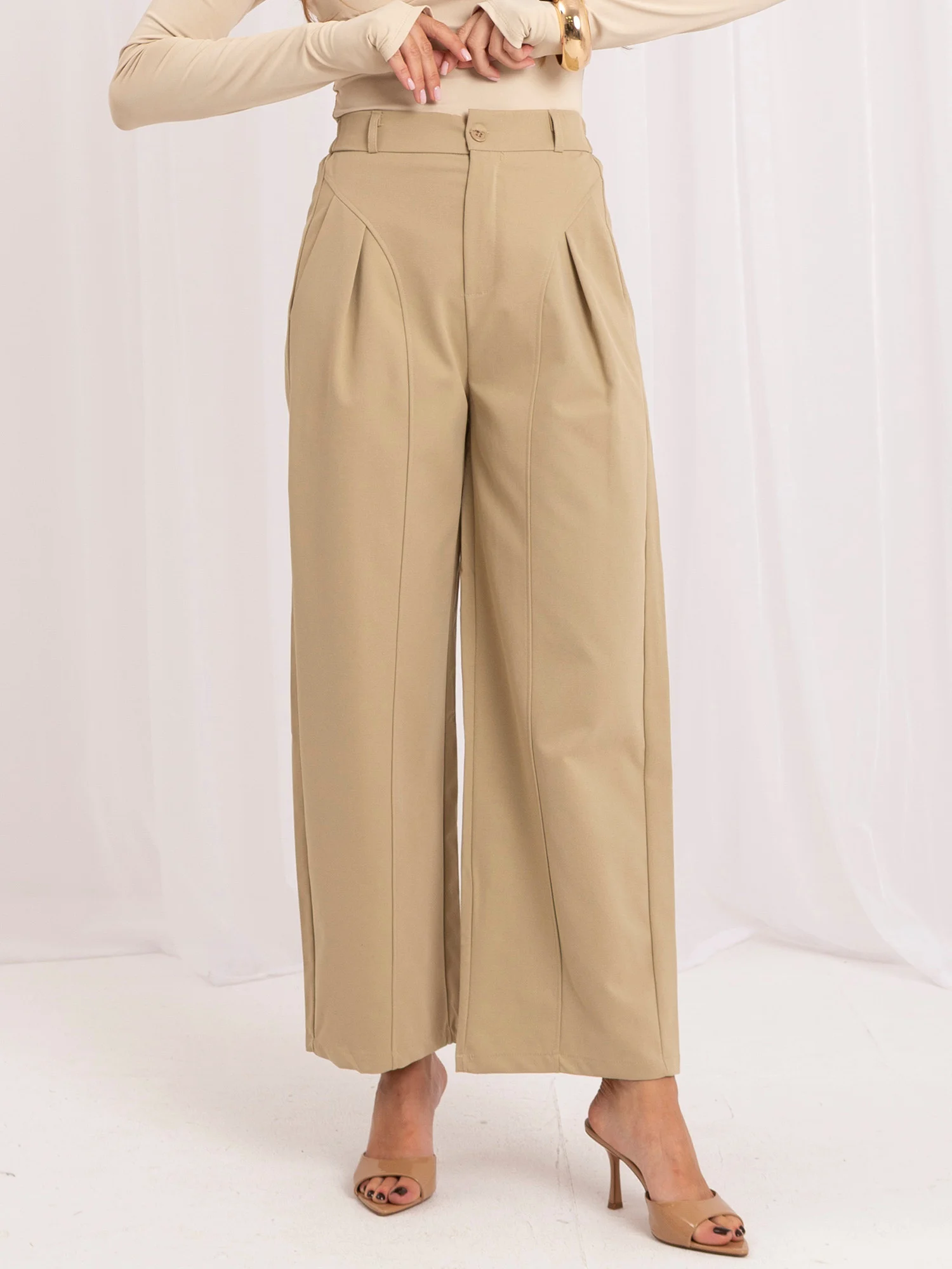 Pantaloni Dama 7/8, Larga, ITALY MODA, Bej Eleganta Office - imagine 3