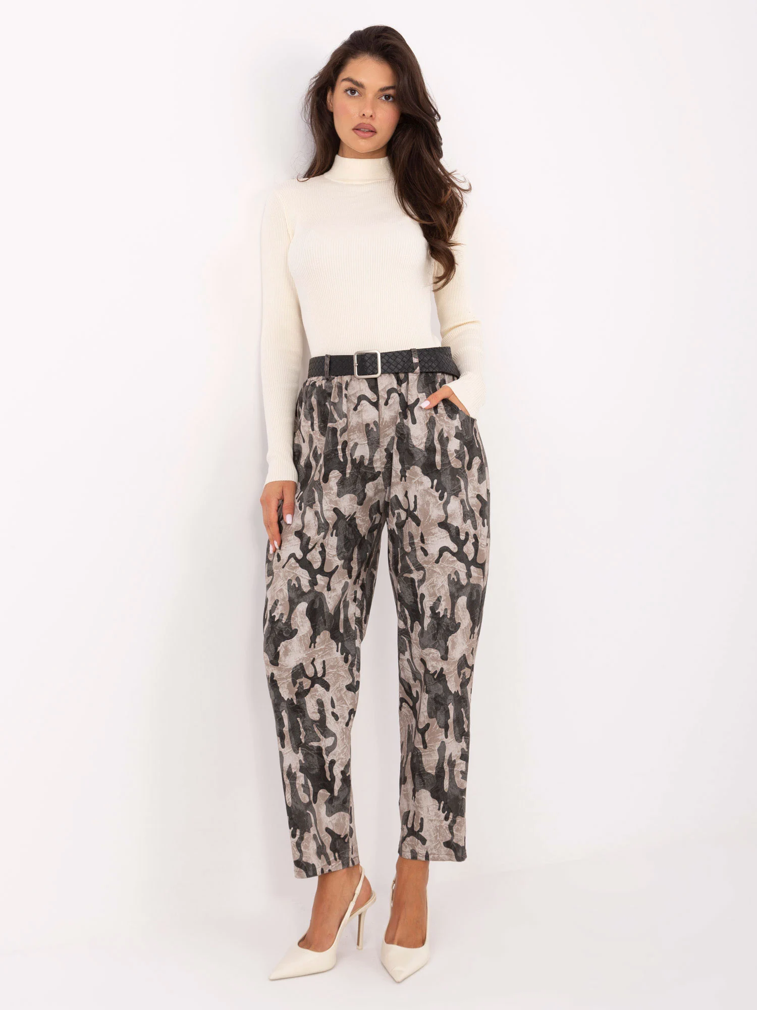 Pantaloni Dama Conica, Guler inalt, MODA ITALY, Bej Casual - imagine 4
